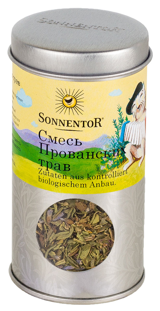 Sonnentor Смесь Прованских трав, 18 г0120710 Sonnentor Смесь Прованских трав, 18 г0120710Sonnentor Смесь Прованских трав подобраны идеально по своим вкусовым качествам, они прекрасно сочетаются между собой и дополняют друг друга. Очень часто Прованские травы добавляют к разнообразным супам. Эта смесь делает богаче вкус любого блюда. Широко применяются эти травы в качестве добавки к соусам и салатам. Они незаменимы при приготовлении жаркого, мясного фарша, начинок и блюд из рыбы. Прованские травы рекомендуются для заправки жирных блюд, придают вкус и разнообразят диетические блюда, употребляемые без соли. Прованские травы хорошо сочетаются с любой зеленью, различными видами лука и перца. Иногда смесь трав добавляют в выпечку. К примеру, можно приготовить картофельный хлеб с прованскими травами. Прекрасно дополняют Прованские травы вкус жареного картофеля. Безусловно, классическое сочетание прованских трав - с бараниной. Баранья ножка или каре ягненка, запеченные в духовке с прованскими травами - праздничное блюдо. Уверены, гости не оставят ни кусочка!Рекомендуется перед приготовлением замариновать мясо в оливковом масле с добавление специй.