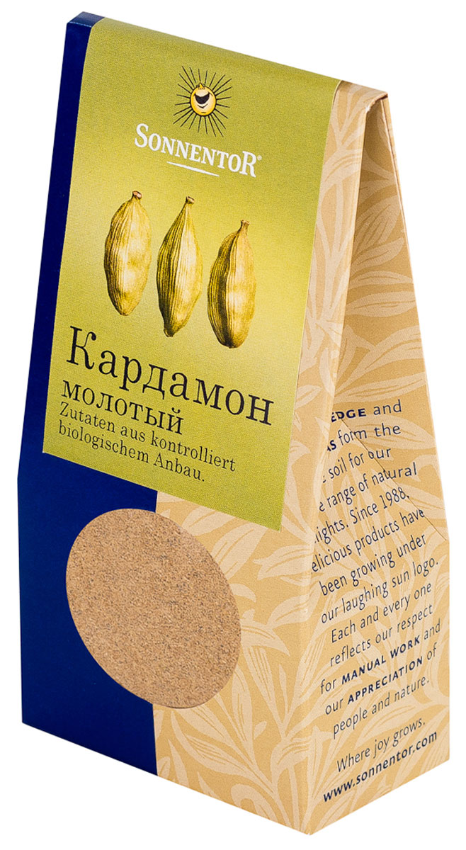 Sonnentor: Кардамон молотый, 35 г0120710 Sonnentor: Кардамон молотый, 35 г0120710Кардамон от Sonnentor - это кусочек роскоши на вашей кухне: как шафран и ваниль, он является одной из самых дорогих пряностей в мире. Его аромат, в котором сочетаются дымные, цветочные и сладкие нотки просто невозможно забыть. Наверное, поэтому кардамон является одним из базовых элементов для многих блюд арабской и индийской кухни.Аромат кардамона - это аромат Востока. В европейской части света кардамон обязательно добавляют в пряники, печенье и некоторые сорта хлеба. Его освежающе-пряная нотка сделает более пикантным фруктовый салат, тушеные или печеные яблоки. А те, кто любит варить кофе, зачастую используют эту пряность для того, чтобы подчеркнуть благородный вкус бодрящего напитка и наполнить дом ароматом Востока.