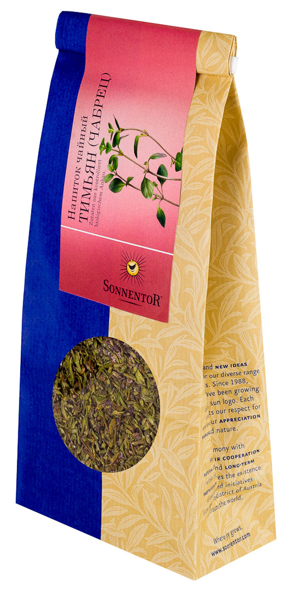 Sonnentor Тимьян (чабрец) листовой травяной чай, 70 г0120710 Sonnentor Тимьян (чабрец) листовой травяной чай, 70 г0120710Чай с чабрецом - необычайно полезный и вкусный напиток. С древнегреческого слово чабрец переводиться как сила духа, и это название как нельзя более лучше характеризует это растение. Его использовали в качестве очень сильного антисептического средства, а сама трава применялась в кулинарии и косметологии.Благодаря присутствию в составе вещества тимола, чабрец также получил второе название - тимьян. Чаи из чабреца помогут согреть или освежить вас в зависимости от погоды, а также окутают своим нежным ароматом. Этим напитком очень хорошо лечить больное горло. Нужно всего лишь бросить несколько веточек чабреца в крутой кипяток. После того, как чай завариться и остынет, добавьте мед по вкусу и выпивайте этот напиток понемногу на протяжении дня.Чай с чабрецом имеет насыщенный, темно-желтый цвет и глубокий пряный аромат. У чая пряный и слегка сладковатый вкус, с долгим послевкусием. Этот чай обладает замечательным согревающим эффектом в холодную пору и так же хорошо утоляет жажду, когда за окном палящий летний зной.