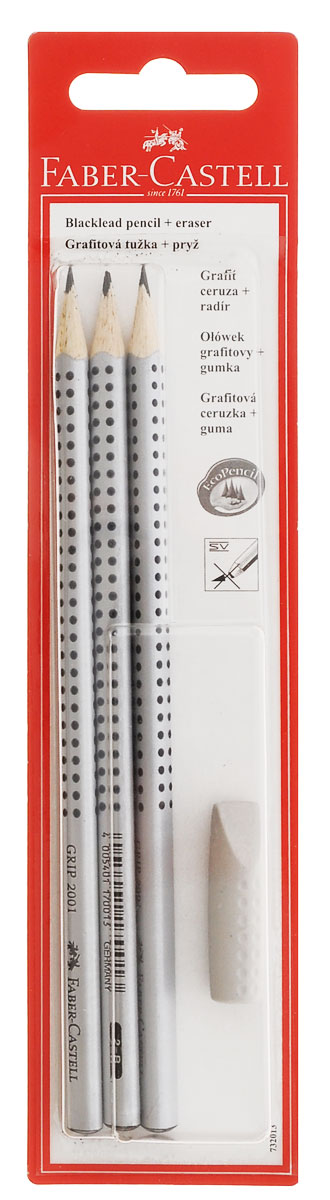Faber-Castell Чернографитовый карандаш GRIP 2001 с ластиком 3 штC13S041944 Faber-Castell Чернографитовый карандаш GRIP 2001 с ластиком 3 штC13S041944Faber-Castell Чернографитовый карандаш GRIP 2001 с ластиком станет незаменимым атрибутом для учебы или работы.В набор входят 3 карандаша эргономичной трехгранной формы с запатентованной технологией GRIP, представляющей собой антискользящую зону захвата с малыми массажными шашечками и колпачок-ластик.Качественная мягкая древесина карандашей идеальна для хорошего затачивания, а специальная SV технология вклеивания грифеля предотвращает поломку грифеля при падении на пол. Карандаши покрыты лаком на водной основе в целях защиты окружающей среды.