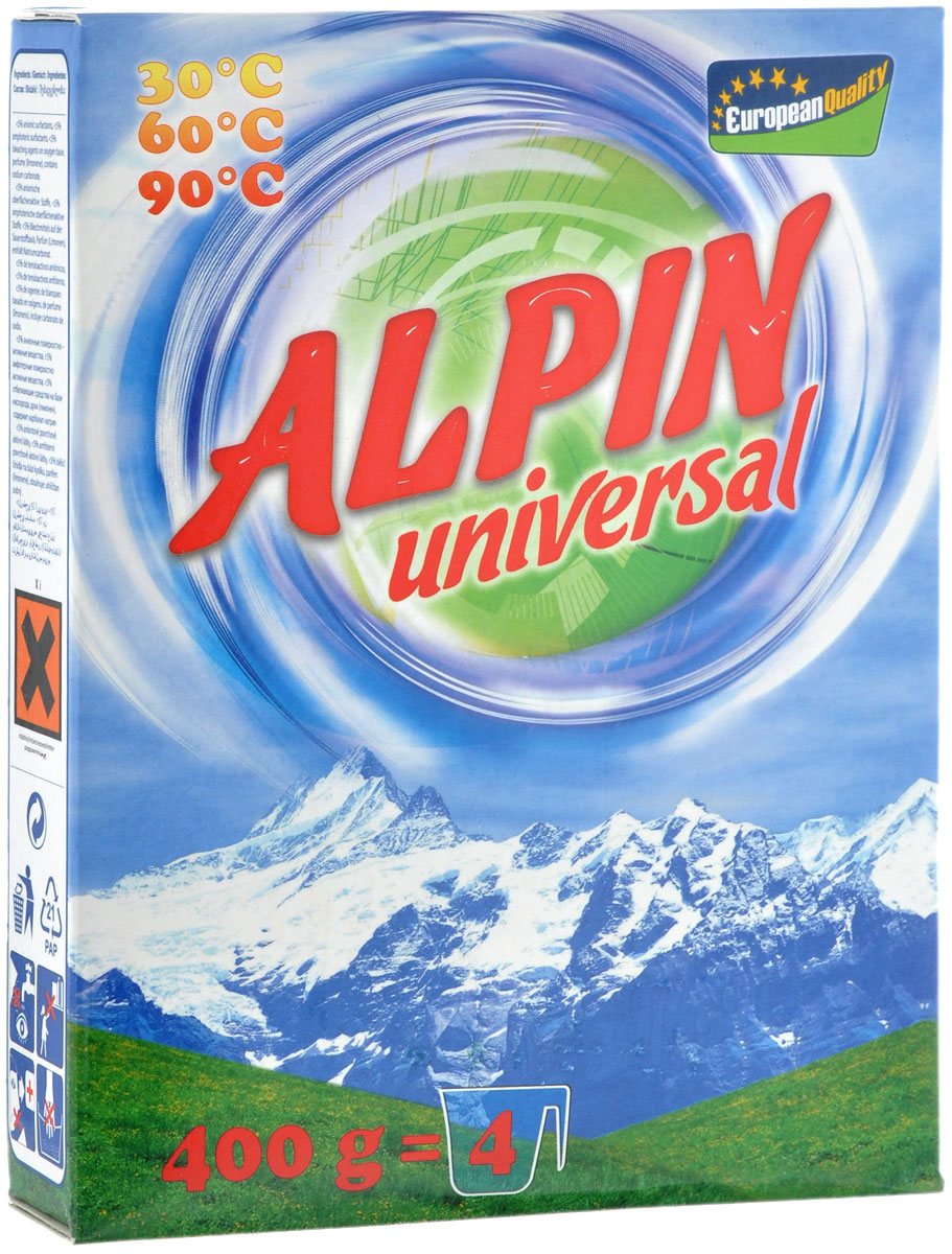 Стиральный порошок Alpin Universal, 400 гS03301004 Стиральный порошок Alpin Universal, 400 гS03301004Стиральный порошок Alpin Universal с активным кислородом, обладает очень хорошими стирающими свойствами даже при невысокой температуре воды. Устраняет пятна, не повреждая волокна ткани. Уникальная новая формула стирального порошка для любых видов тканей, в том числе и цветных, позволяет использовать его в любых режимах при любой температуре. Ваши вещи никогда не деформируются и не полиняют.Товар сертифицирован.