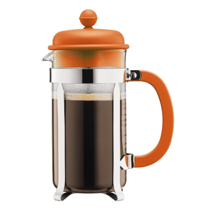 Кофейник Bodum Caffettiera, с прессом, цвет: оранжевый, 1 л115510 Кофейник Bodum Caffettiera, с прессом, цвет: оранжевый, 1 л115510Кофейник Bodum Caffettiera представляет собой колбу из термостойкого стекла в оправе из полированной нержавеющей стали. Кофейник оснащен фильтром french press из нержавеющей стали, который позволяет легко и просто приготовить отличный напиток. Ручка и крышка кофейника выполнены из прочного пластика. Благодаря такому кофейнику приготовление вкуснейшего ароматного и крепкого кофе займет всего пару минут. Настоящим ценителям натурального кофе широко известны основные и наиболее часто применяемые способы его приготовления: эспрессо, по-турецки, гейзерный. Однако существует принципиально иной способ, известный как french press, благодаря которому приготовление ароматного напитка стало гораздо проще. Весь процесс приготовления кофе займет не более 7 минут.