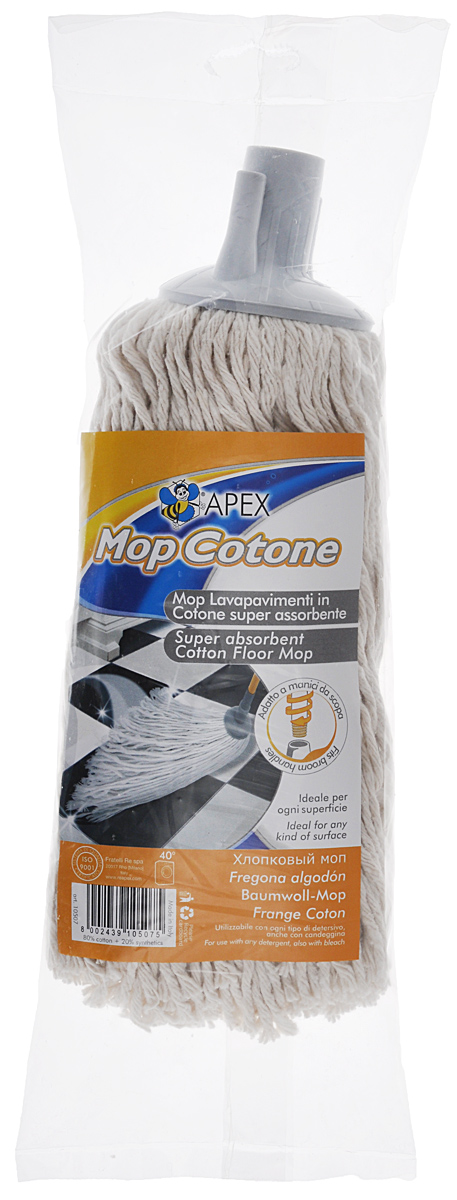Насадка сменная Apex Mop Cotone, для швабры, цвет: белый, серыйNN-604-LS-BU Насадка сменная Apex Mop Cotone, для швабры, цвет: белый, серыйNN-604-LS-BUСменная насадка Apex Girello Cotone для швабры станет незаменимым атрибутом любой уборки. Она выполнена из 80% хлопка и 20% синтетики, обладает супер-впитывающими свойствами и улучшенной очищающей способностью. Идеально подходит для любого типа поверхностей и может использоваться с любыми моющими средствами, в том числе отбеливателем.Насадку можно стирать при температуре 40°С.Длина ворса: 23 см.