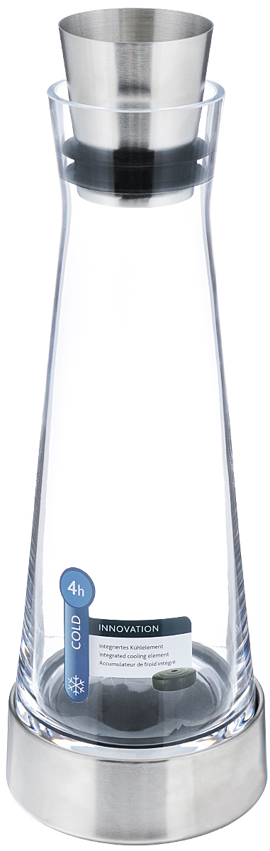 Графин для воды Emsa Flow Slim, с термоэлементом, 1 лVT-1520(SR) Графин для воды Emsa Flow Slim, с термоэлементом, 1 лVT-1520(SR)Графин для воды Emsa Flow Slim изготовлен и отполирован вручную из высококачественного тончайшего силикатного стекла. Графин имеет специальную узкую форму, поэтому идеально подходит для дверцы холодильника. Изделие имеет пробку-дозатор из нержавеющей стали, которая автоматически открывается и закрывается, исключая протекание. Графин снабжен элегантной металлической подставкой с охладительным элементом. Положите картридж в морозилку на 6 часов. Затем вставьте его в подставку и поставьте сверху графин. При комнатной температуре напитки будут сохраняться охлажденными до 4 часов. Графин для воды Emsa Flow Slim позволит наслаждаться постоянно охлажденными напитками. Графин можно мыть в посудомоечной машине. Диаметр (по верхнему краю): 7 см. Высота графина (без учета подставки и пробки): 27,5 см. Общая высота графина: 33,5 см. Диаметр основания: 10 см. Размер подставки: 11 см х 11 см х 4 см.