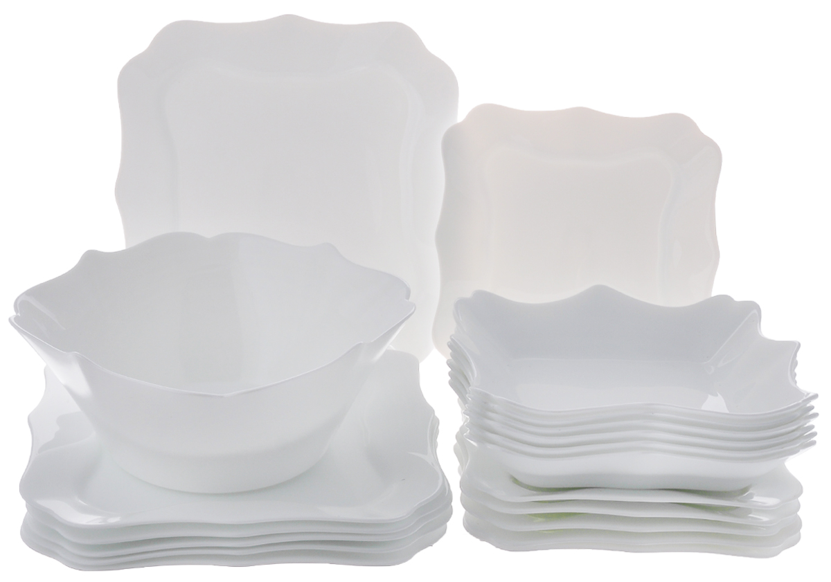 Набор столовый Luminarc Authentic, цвет: белый, 19 предметов115510 Набор столовый Luminarc Authentic, цвет: белый, 19 предметов115510Столовый набор Luminarc Authentic состоит из 6 суповых тарелок, 6 обеденных тарелок, 6 десертных тарелок и глубокого салатника. Изделия выполнены из ударопрочного стекла, имеют классический монохромный дизайн и красивую квадратную форму с резными краями. Посуда отличается прочностью, гигиеничностью и долгим сроком службы, она устойчива к появлению царапин и резким перепадам температур. Такой набор прекрасно подойдет как для повседневного использования, так и для праздников или особенных случаев. Столовый набор Luminarc - это не только яркий и полезный подарок для родных и близких, это также великолепное дизайнерское решение для вашей кухни или столовой. Изделия можно мыть в посудомоечной машине и использовать в СВЧ-печи. Размер суповой тарелки: 22 см х 22 см. Размер обеденной тарелки: 26 см х 26 см. Размер десертной тарелки: 20,5 см х 20,5 см. Размер салатника: 24 см х 24 см х 10 см.