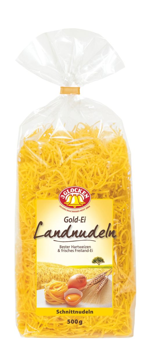 3 Glocken Gold-Ei Landnudeln мелкая лапша, 500 г0120710 3 Glocken Gold-Ei Landnudeln мелкая лапша, 500 г0120710Мелкая лапша 3 Glocken Gold-Ei Landnudeln сделана из муки твердых сортов содержащей чуть меньшее количество клейковины, чем обыкновенная мука. Она хорошо поглощает воду, макароны из нее при варке увеличиваются и не развариваются. Лапша сделана на чистой, проточной, ключевой родниковой воде, с добавлением яиц. Варить 5-6 минут в подсоленной воде.