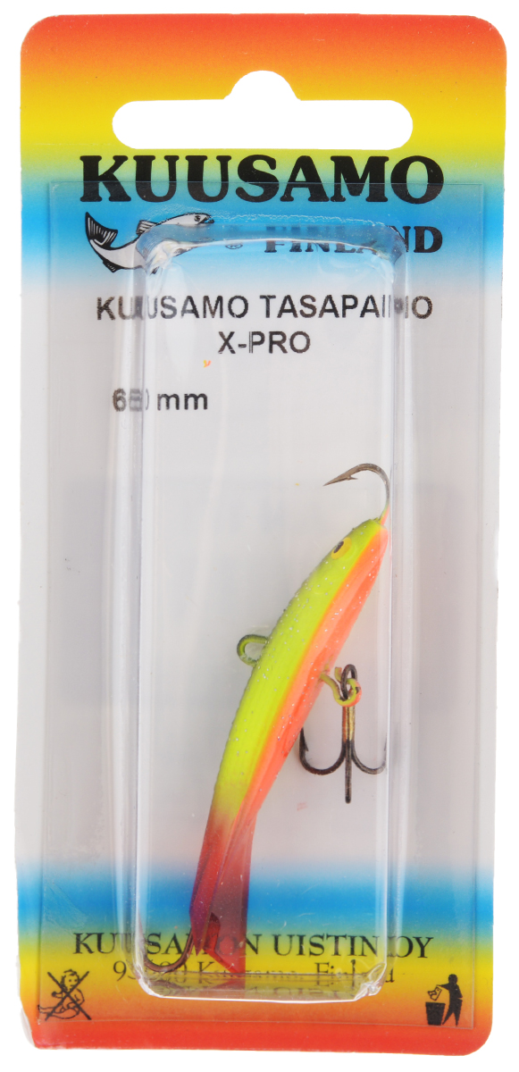 Балансир Kuusamo Tasapaino X-Pro, с тройником, цвет: черный, желтый, оранжевый, 6 см54068 Балансир Kuusamo Tasapaino X-Pro, с тройником, цвет: черный, желтый, оранжевый, 6 см54068Kuusamo Tasapaino X-Pro - это классический балансир, проверенный временем. Запатентованный хвостик слит воедино с телом приманки, в разы увеличивая прочность конструкции. Балансир Kuusamo Tasapaino X-Pro отлично подойдет для ловли окуня, судака, берша и щуки. Новый силуэт придал балансиру дополнительную динамику и отзывчивость при проводке. Изделие комплектуется одинарными крючками и подвесным тройником.