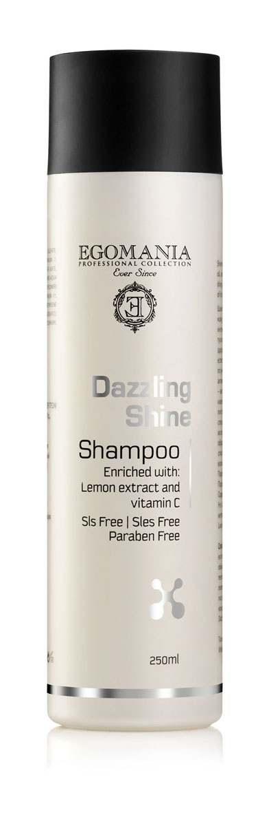 Egomania Professional Collection Шампунь Dazzling Shine для придания блеска волосам 250 млC00868 Egomania Professional Collection Шампунь Dazzling Shine для придания блеска волосам 250 млC00868Шампунь для придания блеска волосам деликатно очищает волосы и кожу головы, а также предотвращает интенсивность их загрязнения, питая тусклые волосы и придавая им блеск и здоровый вид, сохраняет естественную влагу волос. Шампунь создан по уникальной формуле, включающей в себя диоксид камеди, который способен утяжелить и выровнять внутреннюю структуру волос, при насыщении этим компонентом волосы становится гладкими, послушными, решается проблема с секущимися кончиками.