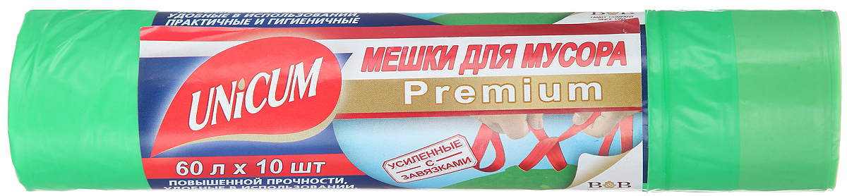 Мешки для мусора Unicum Premium, с завязками, цвет: зеленый, 60 л, 10 штBH-UN0502( R) Мешки для мусора Unicum Premium, с завязками, цвет: зеленый, 60 л, 10 штBH-UN0502( R)Мешки для мусора Unicum Premium выполнены из первичного полиэтилена высокого давления. Мешки прочные и крепкие, способны выдерживать большие объемы мусора. Благодаря прочным ручкам удобны в переноске, в завязанном виде предотвращают распространение неприятного запаха. Возможно использование для временного хранения вещей. Материал: первичный полиэтилен высокого давления.Количество: 10 шт.