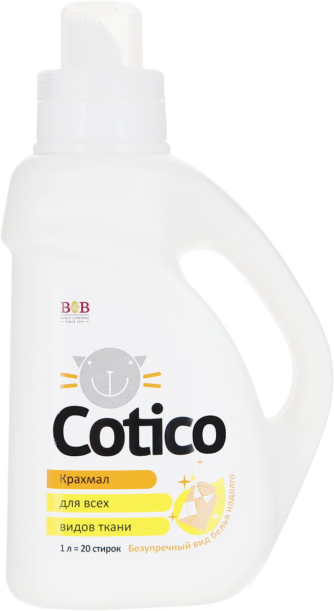 Крахмал для всех видов ткани Cotico, 1 л391602 Крахмал для всех видов ткани Cotico, 1 л391602Эффективное средство Cotico предназначено для мягкого подкрахмаливания любых тканей. Применяйте как ополаскиватель после стирки. Придает белью приятный аромат свежести. Снижает сминаемость белья при отжиме и сушке, облегчает глажение. Подходит для машин любого типа и для ручного ополаскивания.Состав: деминерализованная вода, подкрахмаливающее вещество 5-15%, функциональные добавки 5-15%, парфюмерная композиция <5%, консервант <5%.