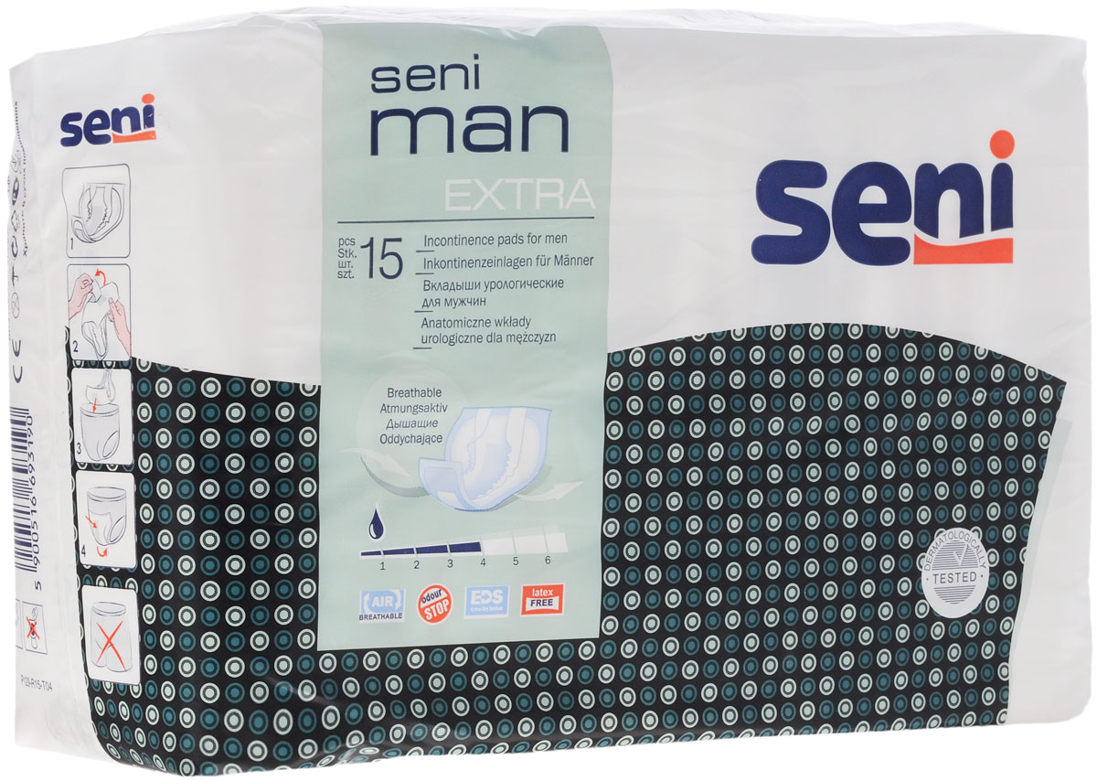 Seni Урологические вкладыши для мужчин Seni Man Extra 15 шт22122035 Seni Урологические вкладыши для мужчин Seni Man Extra 15 шт22122035Урологические вкладыши Seni Man Extra для мужчин, страдающих легкой степенью недержания мочи. Вкладыши оптимально приспосабливаются к форме тела, благодаря чему незаметны под одеждой. Анатомическая форма и дышащий внешний слой гарантируют комфорт в использовании, впитывающий слой с антибактериальным суперабсорбентом - предотвращение неприятного запаха. Вкладыши дополнены гидрофобными боковыми внутренними бортиками - это дополнительная защита от протекания по бокам.