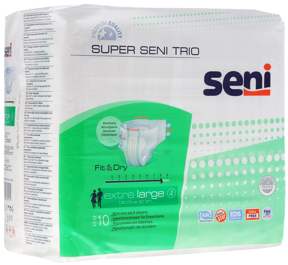 Seni Подгузники для взрослых Super Seni Trio Extra Large 10 шт56052 Seni Подгузники для взрослых Super Seni Trio Extra Large 10 шт56052Подгузники для взрослых Super Seni Trio с повышенной впитываемостью предназначены для людей, страдающих очень тяжелой формой инконтиненции (недержания). Особенно удобны для малоподвижных и лежачих пациентов. Дышащий (паропроницаемый) внешний слой позволяет снизить риск возникновения раздражений и опрелостей. Эластичная резинка в поясе сзади и эластичные застежки-липучки гарантируют оптимальное прилегание к телу. Распределяющий слой EDS быстро и равномерно впитывает жидкость, что обеспечивает более полное ощущение сухости.Подгузники также содержат гидрофобные боковые внутренние бортики - это дополнительная защита от протекания.Мягкий нетканый материал на поверхности, двойной впитывающий слой с антибактериальным абсорбентом обеспечивают высокую впитываемость и нейтрализацию неприятного запаха.Могут использоваться как при недержании мочи, так и при недержании кала.Окружность подгузников по талии 130-170 см.
