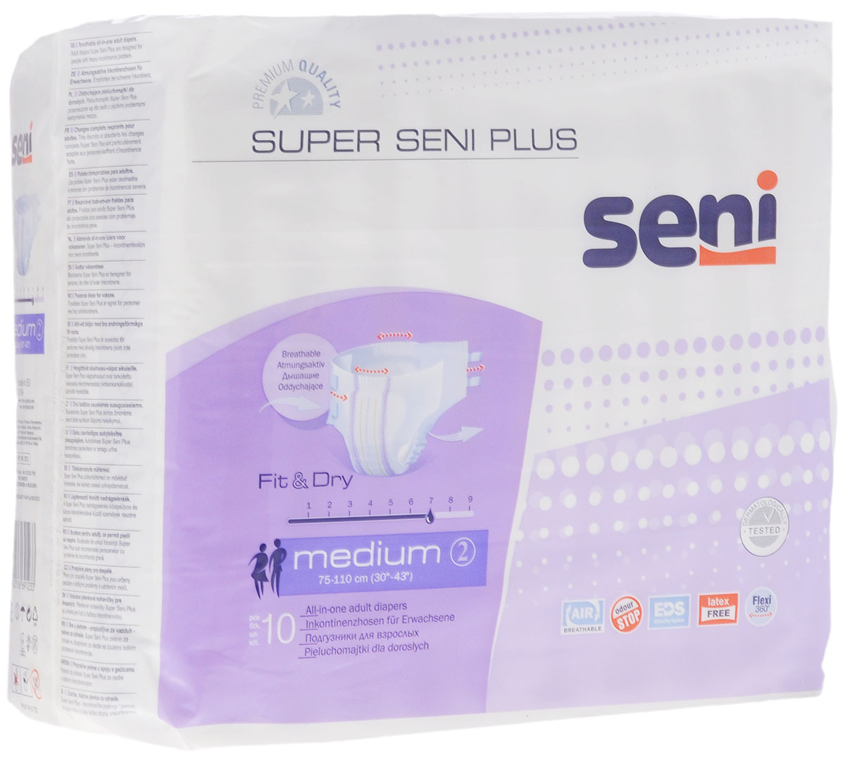 Seni Подгузники для взрослых Super Seni Plus Medium 10 штMP59.4D Seni Подгузники для взрослых Super Seni Plus Medium 10 штMP59.4DПодгузники для взрослых Super Seni Plus с повышенной впитываемостью предназначены для людей, страдающих тяжелой формой инконтиненции (недержания). Особенно удобны для малоподвижных и лежачих пациентов. Дышащий (паропроницаемый) внешний слой позволяет снизить риск возникновения раздражений и опрелостей. Эластичная резинка в поясе сзади и эластичные застежки-липучки гарантируют оптимальное прилегание к телу. Распределяющий слой EDS быстро и равномерно впитывает жидкость, что обеспечивает более полное ощущение сухости.Подгузники также содержат гидрофобные боковые внутренние бортики - это дополнительная защита от протекания.Мягкий нетканый материал на поверхности, двойной впитывающий слой с антибактериальным абсорбентом обеспечивают высокую впитываемость и нейтрализацию неприятного запаха.Могут использоваться как при недержании мочи, так и при недержании кала.Окружность подгузников по талии 75-110 см.