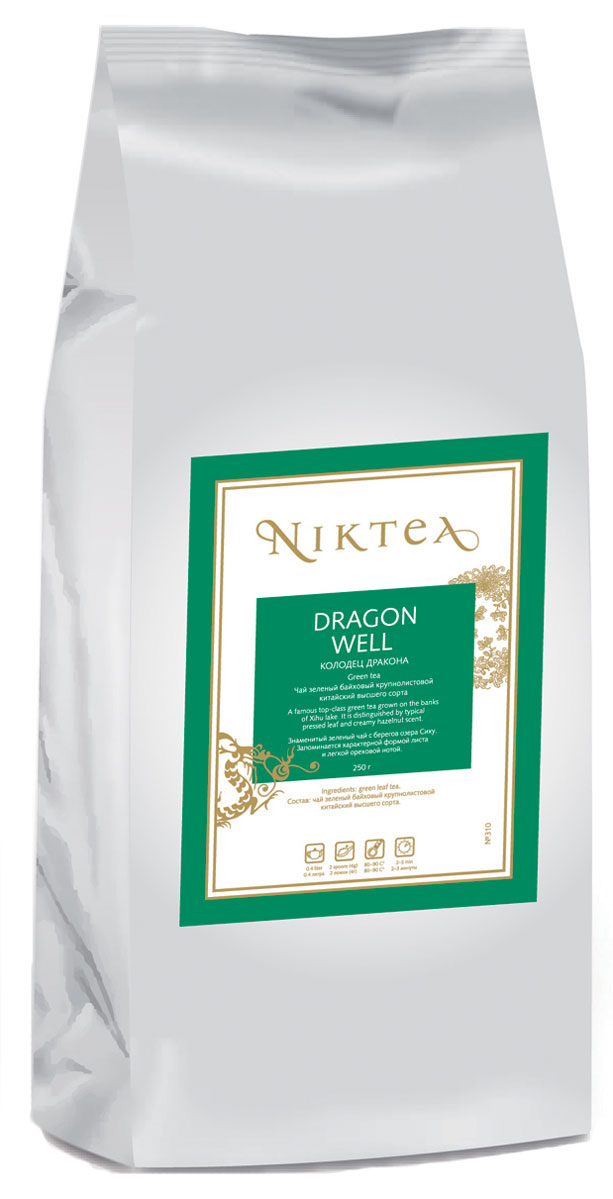 Niktea Dragon Well зеленый листовой чай, 250 г0120710 Niktea Dragon Well зеленый листовой чай, 250 г0120710Niktea Dragon Well - знаменитый зеленый чай с берегов озера Сиху. Запоминается характерной формой листа и легкой ореховой нотой.NikTea следует правилу качество чая - это отражение качества жизни и гарантирует:Тщательно подобранные рецептуры в коллекции топовых позиций-бестселлеров.Контролируемое производство и сертификацию по международным стандартам.Закупку сырья у надежных поставщиков в главных чаеводческих районах, а также в основных центрах тимэйкерской традиции - Германии и Голландии.Постоянство качества по строго утвержденным стандартам.NikTea - это два вида фасовки - линейки листового и пакетированного чая в удобной технологичной и информативной упаковке. Чай обладает многофункциональным вкусоароматическим профилем и подходит для любого типа кухни, при этом постоянно осуществляет оптимизацию базовой коллекции в соответствии с новыми тенденциями чайного рынка.Листовая коллекция NikTea представлена в герметичной фольгированной упаковке, которая эффективно предохраняет чай от воздействия света, влаги и посторонних запахов, обеспечивая длительное хранение. Каждая упаковка снабжена этикеткой с подробным описанием чая, его состава, а также способа заваривания.