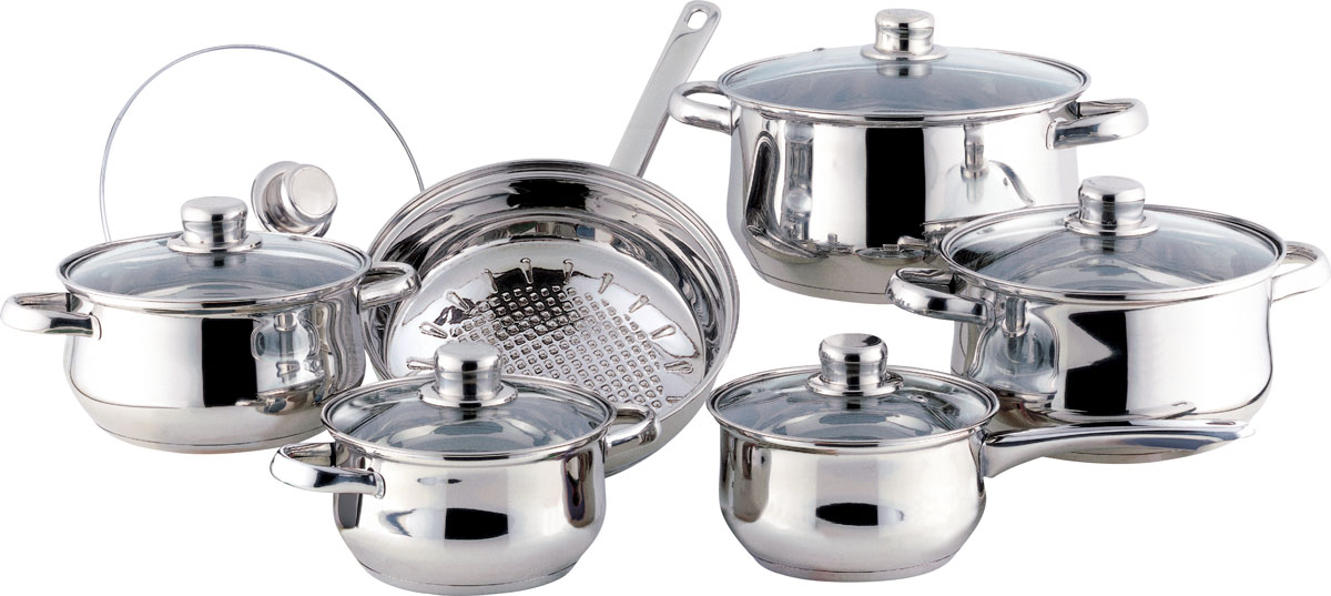 Набор посуды Bekker Classic, с крышками, 12 предметов. BK-226115510 Набор посуды Bekker Classic, с крышками, 12 предметов. BK-226115510Набор Bekker Classic состоит из 4 кастрюль с крышками, ковша с крышкой и сковороды с крышкой. Изделия изготовлены из высококачественной нержавеющей стали 18/10 с зеркальной полировкой. Посуда имеет капсулированное термическое дно - совершенно новая разработка, позволяющая приготавливать здоровую пищу. Благодаря уникальной конструкции дна, тепло, проходя через металл, равномерно распределяется по стенкам посуды. Для приготовления пищи в такой посуде требуется минимальное количество масла, тем самым уменьшается риск потери витаминов и минералов в процессе термообработки продуктов. Крышки выполнены из жаростойкого прозрачного стекла, оснащены ручкой, металлическим ободом и отверстием для выпуска пара. Такие крышки позволяют следить за процессом приготовления пищи без потери тепла. Они плотно прилегают к краю и сохраняют аромат блюд. Объем кастрюль: 1,5 л, 2,1 л, 3 л, 6 л.Внутренний диаметр кастрюль: 16 см, 18 см, 20 см, 24 см.Объем ковша: 1,5 л.Внутренний диаметр ковша: 16 см.Объем сковороды: 2,6 л.Внутренний диаметр сковороды: 24 см.