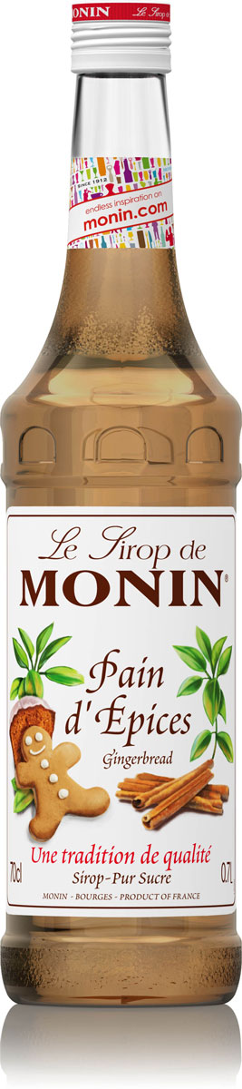 Monin Имбирный Пряник сироп, 0,7 л0120710 Monin Имбирный Пряник сироп, 0,7 л0120710В Северной Америке слово пряник часто ассоциируется с пышным печеньем и пряничным домиком! Все эти пряничные элементы связаны с ощущением тепла и уюта во время зимних праздников. Ощутите тепло и уют у камина, добавляя в ваши напитки сироп Monin Имбирный пряник, который представляет собой хорошо сбалансированную смесь имбиря и корицы, по вкусу - истинный пряник.ВКУССложный запах специй с сильной нотой корицы, пышный вкус печенья.ПРИМЕНЕНИЕ Кофе, десертные напитки, коктейли, какао.Сиропы Monin выпускает одноименная французская марка, которая известна как лидирующий производитель алкогольных и безалкогольных сиропов в мире. В 1912 году во французском городке Бурже девятнадцатилетний предприниматель Джордж Монин основал собственную компанию, которая специализировалась на производстве вин, ликеров и сиропов. Место для завода было выбрано не случайно: город Бурже находился в непосредственной близости от крупных сельскохозяйственных районов - главных поставщиков свежих ягод и фруктов. Производство сиропов стало ключевым направлением деятельности компании Monin только в 1945 году, когда пост главы предприятия занял потомок основателя - Пол Монин. Именно под его руководством ассортимент марки пополнился разнообразными сиропами из натуральных ингредиентов, которые молниеносно заслужили блестящую репутацию в кругу поклонников кофейных напитков и коктейлей. По сей день высокое качество остается базовым принципом деятельности французской марки. Сиропы Монин создаются исключительно из натуральных ингредиентов по уникальным технологиям, позволяющим сохранять в готовом продукте все полезные свойства природного сырья.Эксперты всего мира сходятся во мнении, что сиропы Monin - это законодатели мод в миксологии. Ассортимент французской марки на сегодняшний день является самым широким и насчитывает полторы сотни уникальных вкусовых решений. В каталоге компании можно найти как классические вкусы для кофейных напитков (шоколадный, ванильный, ореховый и другие сиропы), так и весьма экзотические варианты (сиропы со вкусом кокоса, зеленой мяты, тирамису, блю курасао, аниса, грейпфрута, пина колады и т. д.).