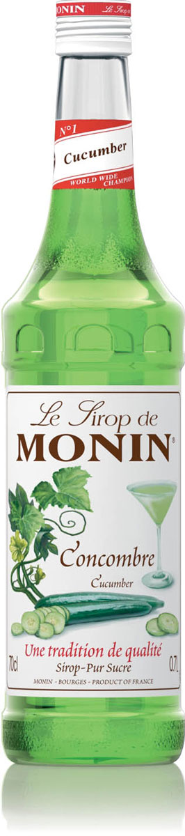 Monin Огуречный сироп, 0,7 л0120710 Monin Огуречный сироп, 0,7 л0120710Даже если огурцы очень популярны и доступны во многих странах, всё равно огуречный сок является деликатным и имеет короткий срок хранения. Сироп Monin Огуречный поможет профессионалам сэкономить время, сохраняя реальный свежий вкус огурца.Сиропы Monin выпускает одноименная французская марка, которая известна как лидирующий производитель алкогольных и безалкогольных сиропов в мире. В 1912 году во французском городке Бурже девятнадцатилетний предприниматель Джордж Монин основал собственную компанию, которая специализировалась на производстве вин, ликеров и сиропов. Место для завода было выбрано не случайно: город Бурже находился в непосредственной близости от крупных сельскохозяйственных районов - главных поставщиков свежих ягод и фруктов.Производство сиропов стало ключевым направлением деятельности компании Monin только в 1945 году, когда пост главы предприятия занял потомок основателя - Пол Монин. Именно под его руководством ассортимент марки пополнился разнообразными сиропами из натуральных ингредиентов, которые молниеносно заслужили блестящую репутацию в кругу поклонников кофейных напитков и коктейлей. По сей день высокое качество остается базовым принципом деятельности французской марки. Сиропы Монин создаются исключительно из натуральных ингредиентов по уникальным технологиям, позволяющим сохранять в готовом продукте все полезные свойства природного сырья.Эксперты всего мира сходятся во мнении, что сиропы Monin - это законодатели мод в миксологии. Ассортимент французской марки на сегодняшний день является самым широким и насчитывает полторы сотни уникальных вкусовых решений. В каталоге компании можно найти как классические вкусы для кофейных напитков (шоколадный, ванильный, ореховый и другие сиропы), так и весьма экзотические варианты (сиропы со вкусом кокоса, зеленой мяты, тирамису, блю курасао, аниса, грейпфрута, пина колады и т. д.). Отметим, что все сиропы обладают мягкими, деликатными вкусовыми и ароматическими характеристиками, что говорит о натуральном составе продуктов.Вкус: очень сочный огурец вкус с тонкой кислотностью.Применение: холодный чай, мартини, газированные напитки.