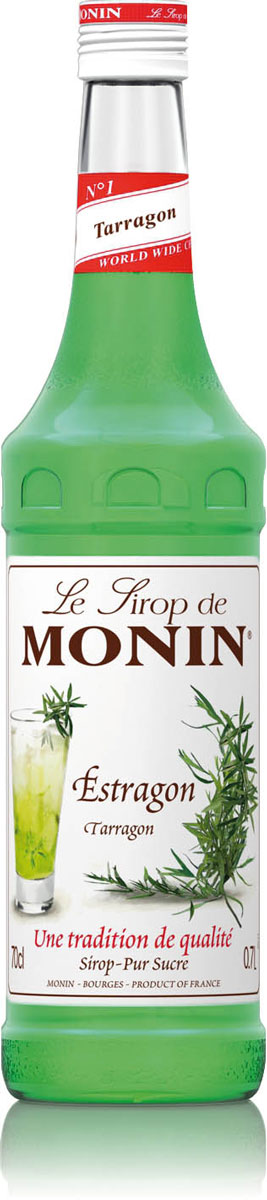 Monin Тархун сироп, 0,7 л0120710 Monin Тархун сироп, 0,7 л0120710Тархун – растение, листья которого используются в кулинарии. Обладает слабым пряным ароматом и острым, пряным и пикантным вкусом. Из растения готовят освежающий напиток Тархун, применяют для ароматизации вин и ликёров, используют в кулинарии для приготовления соусов и многого другого. Исходя из этой тенденции, Monin сделал сироп Тархун, более легкий для использования и с более сильным вкусом, чем высушенные листья.Сиропы Monin выпускает одноименная французская марка, которая известна как лидирующий производитель алкогольных и безалкогольных сиропов в мире. В 1912 году во французском городке Бурже девятнадцатилетний предприниматель Джордж Монин основал собственную компанию, которая специализировалась на производстве вин, ликеров и сиропов. Место для завода было выбрано не случайно: город Бурже находился в непосредственной близости от крупных сельскохозяйственных районов - главных поставщиков свежих ягод и фруктов.Производство сиропов стало ключевым направлением деятельности компании Monin только в 1945 году, когда пост главы предприятия занял потомок основателя - Пол Монин. Именно под его руководством ассортимент марки пополнился разнообразными сиропами из натуральных ингредиентов, которые молниеносно заслужили блестящую репутацию в кругу поклонников кофейных напитков и коктейлей. По сей день высокое качество остается базовым принципом деятельности французской марки. Сиропы Монин создаются исключительно из натуральных ингредиентов по уникальным технологиям, позволяющим сохранять в готовом продукте все полезные свойства природного сырья.Эксперты всего мира сходятся во мнении, что сиропы Monin - это законодатели мод в миксологии. Ассортимент французской марки на сегодняшний день является самым широким и насчитывает полторы сотни уникальных вкусовых решений. В каталоге компании можно найти как классические вкусы для кофейных напитков (шоколадный, ванильный, ореховый и другие сиропы), так и весьма экзотические варианты (сиропы со вкусом кокоса, зеленой мяты, тирамису, блю курасао, аниса, грейпфрута, пина колады и т. д.). Отметим, что все сиропы обладают мягкими, деликатными вкусовыми и ароматическими характеристиками, что говорит о натуральном составе продуктов.Примечания дегустации: запах свежей ветви полыни с оттенком аниса.Применение: лимонад, чай, коктейли, кулинария.