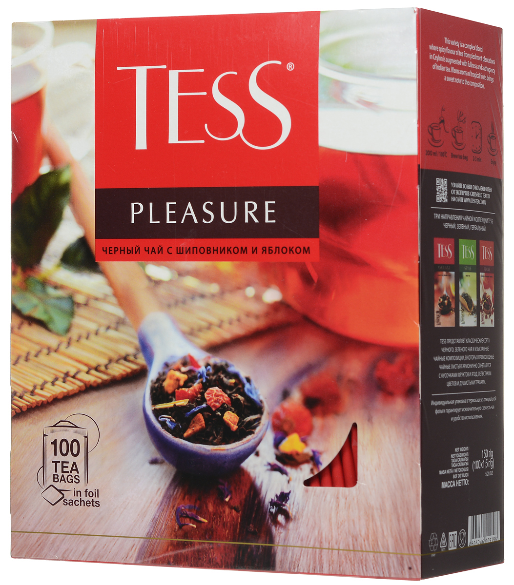 Tess Pleasure черный чай с шиповником и яблоком в пакетиках, 100 шт0120710 Tess Pleasure черный чай с шиповником и яблоком в пакетиках, 100 шт0120710Tess Pleasure - выразительная композиция из черного чая с кусочками шиповника, сушеных яблок и нежных васильковых лепестков. Особая прелесть этого сорта - сочетание мягкого вкуса цейлонского чая и тонких оттенков фруктов. Приятный нежный аромат с легким оттенком персика.