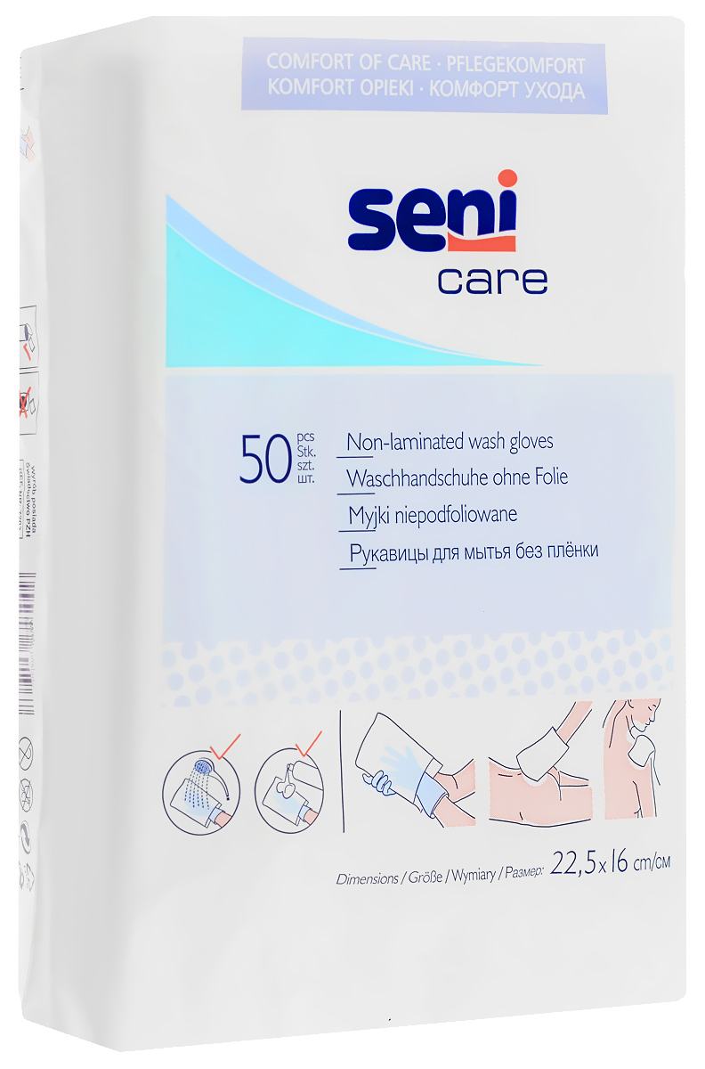Seni Рукавица для мытья Care, без непроницаемой пленки, 50 шт1092018 Seni Рукавица для мытья Care, без непроницаемой пленки, 50 шт1092018Одноразовые рукавицы Seni Care выполнены из нетканого материала без водонепроницаемой пленки. Рекомендуются для очищения кожи с использованием специальных косметических средств, требующих смывания водой. Предотвращают контакт кожи рук с загрязнениями на теле пациента.Размер рукавицы: 22,5 см х 16 см.Товар сертифицирован.
