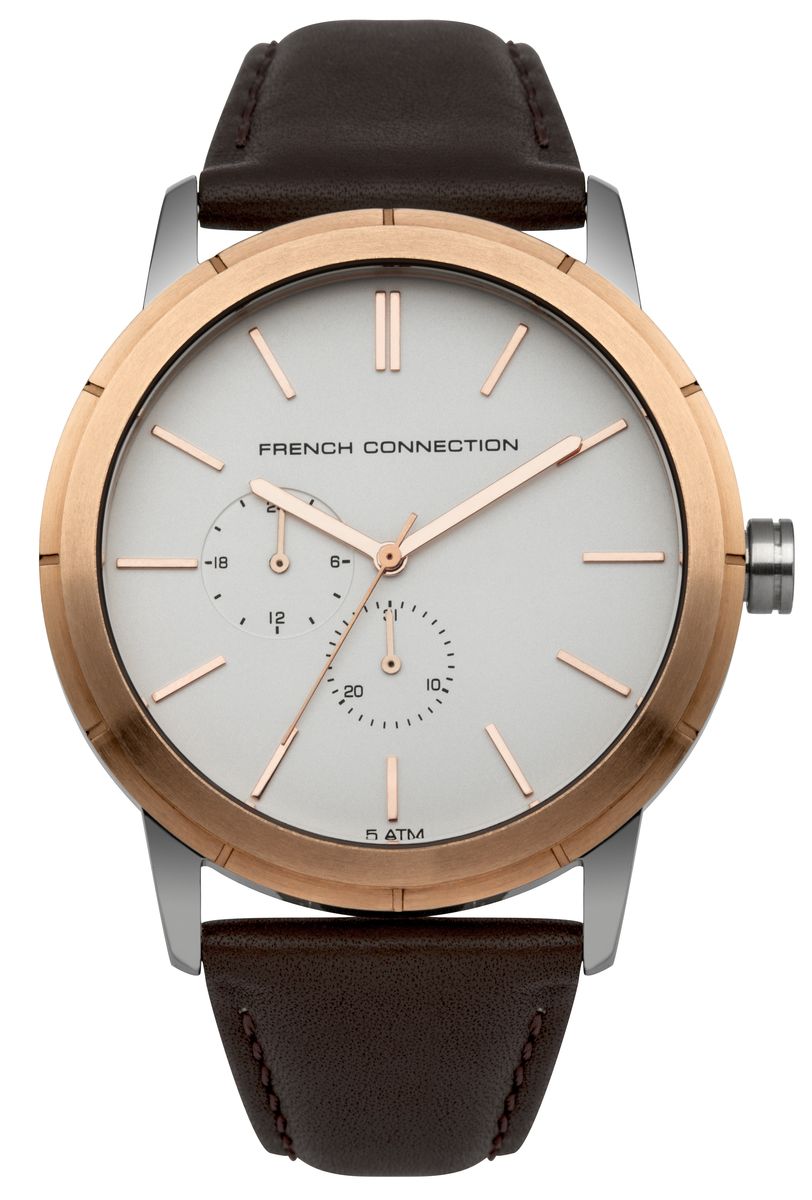 Часы наручные мужские French Connection , цвет: золотой, белый, коричневый. FC1261TRGBM8434-58AE Часы наручные мужские French Connection , цвет: золотой, белый, коричневый. FC1261TRGBM8434-58AEСтильные мужские часы French Connection, выполнены из нержавеющей стали, натуральной кожи и минерального стекла. Циферблат часов дополнен символикой бренда.Часы оснащены кварцевым механизмом, имеют степень влагозащиты равную 5 atm, а также дополнены устойчивым к царапинам минеральным стеклом и индикатором даты. Ремешок часов оснащен классической пряжкой, которая позволит с легкостью снимать и надевать изделие.Часы поставляются в фирменной упаковке.Часы French Connection подчеркнут отменное чувство стиля своего обладателя.