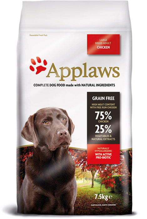 Беззерновой для Собак крупных пород Курица/Овощи: 75/25% (Dry Dog Chicken Large Breed Adult), 7,5 кг24371 Беззерновой для Собак крупных пород Курица/Овощи: 75/25% (Dry Dog Chicken Large Breed Adult), 7,5 кг24371Беззерновая линейка Холистик кормов для собак Applaws изготовлена по особым рецептам, разработанными диетологами института Великобритании. Правильная диета очень важна для питомцев, ведь она меняется в зависимости от жизненного цикла. Также полнорационные корма должны включать в себя необходимое количество витаминов и минералов. В рецептах сухих кормов Applaws учтен не только перечень наиболее необходимых минералов и витаминов, но и их строгий баланс. Так как сухой корм изготавливается только из натуральных качественных ингредиентов, крокеты привлекут внимание любого, даже очень привередливого питомца. Состав: Дегидрированное мясо цыпленка (мин. 66%), мелкорубленное свежее филе цыпленка (мин. 8%), зеленый горошек 8%, картофель (мин. 6%), жир домашней птицы (мин. 2,5% - источник омега 6), свекла, подлива с мяса птицы приготовленной в собственном соку, яичный порошок, клетчатка, минералы, витамины, лососевый жир (источник Омега 3), томат, морковь, экстракт цикория, люцерна, сушеные морские водоросли, пивные дрожжи, глюкозамин, метилсульфонилметан, хондроитин, мята, сладкая паприка, куркума, экстракт чабреца, цитрусовый экстракт, таурин 1000 мг/кг, экстракт Юкка, клюква, экстракт фенхеля, экстракт стеблей рожкового дерева, имбирь, шиповник, экстракт одуванчика, розмариновое масло, орегано, пробиотики: E1705 Enterococcusfaeciumcernelle 68 (SF68:NCIMB 10415) 1,000,000 кое/кг. Пищевые добавки: Витамин А 19,000 МЕ/кг, Витамин D3 2,000 МЕ/кг, Витамин Е 640 МЕ/кг. Микроэлементы: Селен (селенит натрия) 0,33 мг/кг, Йод (безводный иодат кальция) 3,26 мг/кг, Железо (сульфат железа моногидрат) 233 мг, медь (сульфат меди пентагидрад) 40 мг/кг, марганец (сульфат марганца моногидрат) 94 мг/кг, Цинк (сульфат цинка моногидрат) 444 мг/кг.Натуральный антиоксидант E1705 Enterococcusfaeciumcernelle 68 (SF68:NCIMB 10415) 1,000,000 кое/кг. Гарантированный анализ: Белки 37%, Жиры 19%, Клетчатка 4,5%, Зола 8%, Кальций 1,34%, Фосфор 1,33%, Углеводы < 21,5%. Условия хранения: в прохладномтемном месте