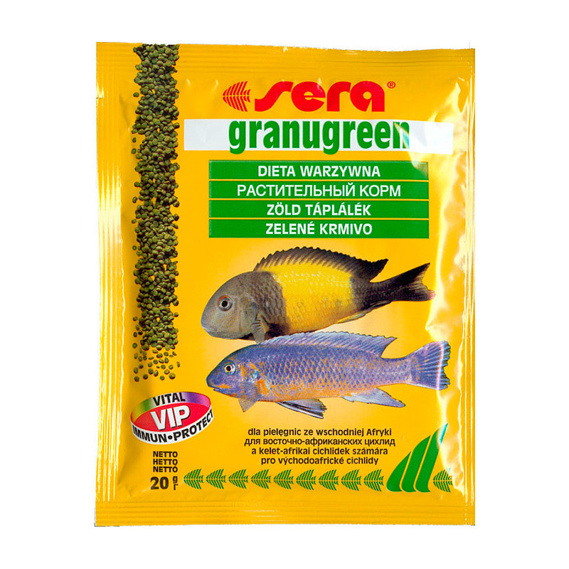 Sera Granugreen Корм для растительноядных цихлид, гранулы 20г0120710 Sera Granugreen Корм для растительноядных цихлид, гранулы 20г0120710Гранулированный корм для цихлид, усиливающий интенсивность окраса.Этот гранулированный корм имеет высокое процентное содержание высококачественных белков из водных организмов и поэтому предназначен для преимущественно хищных цихлид. При комбинировании с кормом sera гранугрин, грануред является интересным разнообразием также и для всеядных видов рыб. Вновь посаженные рыбы переходят на этот корм без проблем. Корм сохраняет свою форму и таким образом остается привлекательным для рыб и после погружения.