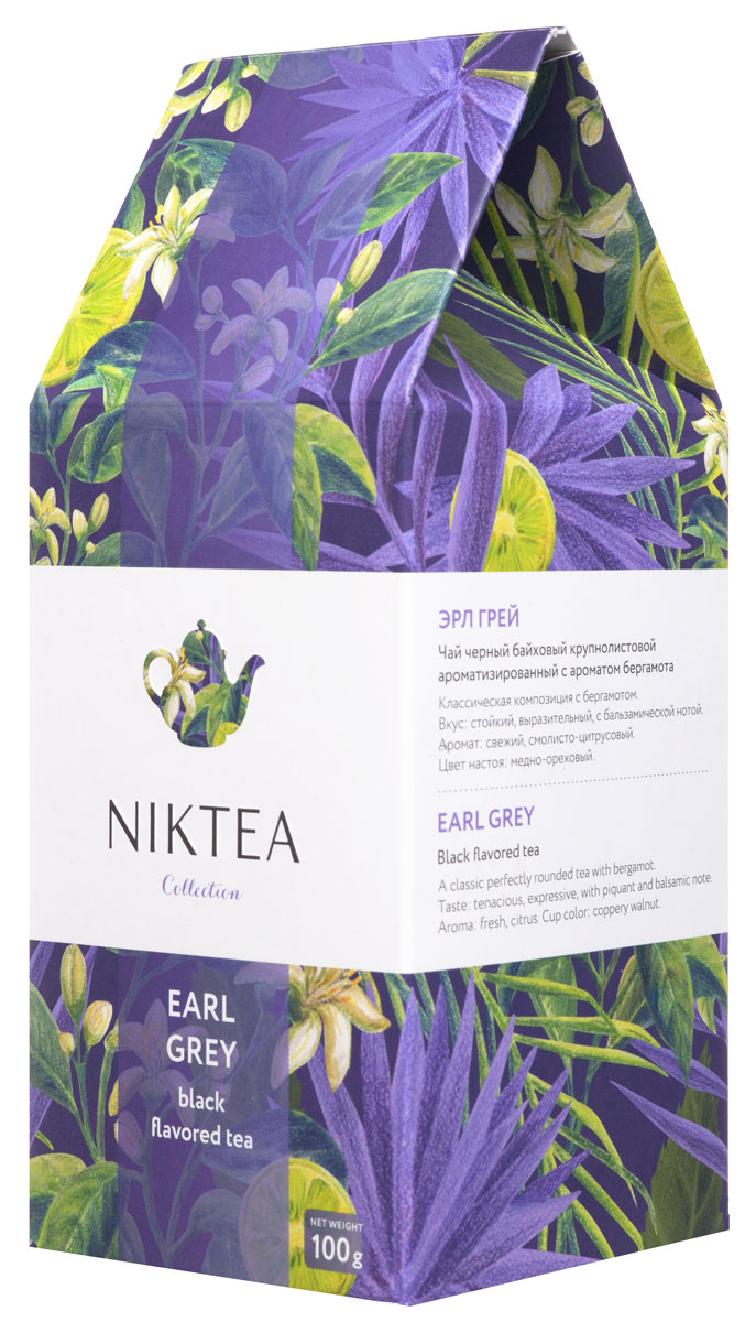 Niktea Earl Grey черный ароматизированный чай, 100 г0120710 Niktea Earl Grey черный ароматизированный чай, 100 г0120710Niktea Earl Grey - классическая композиция с бергамотом. Отличается свежим смолисто-цитрусовыми нотами и стойким, выразительным вкусом с пряно-бальзамической нотой.Коллекция NikTea разработана командой экспертов, имеющих богатый опыт в чайной индустрии. Во время ее создания выбирались самые надежные поставщики из Европы и стран происхождения чая, а в линейку включили не только топовые аутентичные позиции, но и новые интересные рецептуры в традициях современной чайной миксологии.NikTea - это действительно качественный чай. Для истинных ценителей мы предлагаем безупречное качество: отборное сырье, фасовку на высокотехнологичном производственном комплексе в России, постоянный педантичный контроль готового продукта, а также сертификацию сырья по международным стандартам.NikTea - это разнообразие. В линейках листового и пакетированного чаяпредставлены все основные группы вкусов - от классического черного и зеленого чая до ароматизированных, фруктовых и травяных композиций.NikTea - это стиль. Необычная упаковка с модным авторским дизайном создает яркий и запоминающийся стиль, а интересные коктейльные рецептуры дают возможность экспериментировать со вкусами.В листовой коллекции Niktea воплощена самобытность различных стран, яркие образы различных культур. Среди 6 купажей самобытных купажей каждый найдет свой любимый вкус для чаепития в любой ситуации - на работе, дома или в самых удаленных уголках планеты.Для такого чая мы создали и соответствующую упаковку: колоритный дизайн, удобный клапан с перфорацией для многократного использования, оригинальная по форме пачка с фольгированным герметичным пакетом, который сохраняет свежесть аромата и вкуса на долгое время.