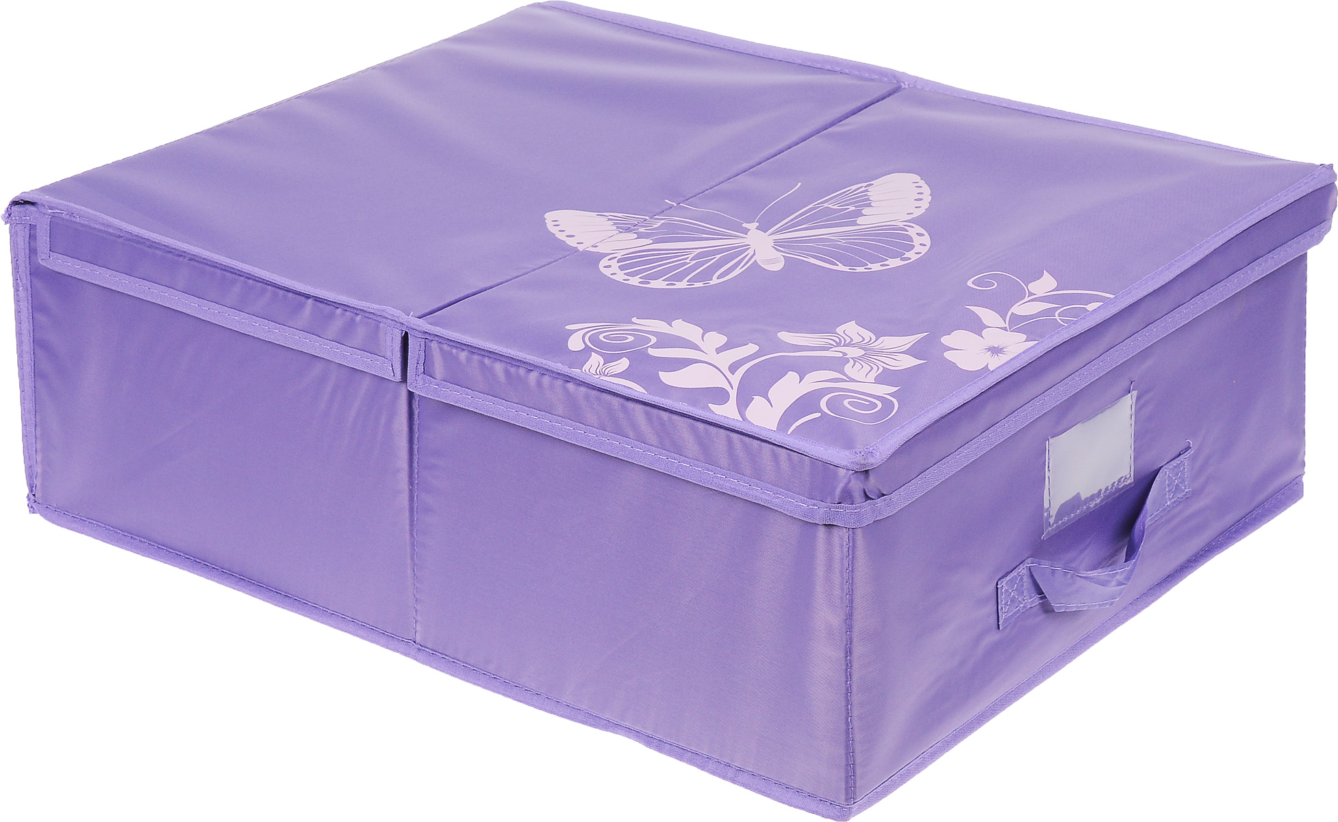 Кофр подкроватный Hausmann Butterfly, цвет: фиолетовый, 43 см х 54 см х 18 смS03301004 Кофр подкроватный Hausmann Butterfly, цвет: фиолетовый, 43 см х 54 см х 18 смS03301004Подкроватный кофр для хранения Hausmann Butterfly поможет легко организовать пространство в шкафу или в гардеробе, компактные формы позволяют хранить его под кроватью. Изделие выполнено из нетканого материала и полиэстера с защитой от пыли. Кофр держит форму благодаря жесткой вставке из картона, которая устанавливается на дно. Боковая поверхность оформлена красивым принтом. Имеется ручка, крышка и прозрачный карман для пометки содержимого. В таком кофре удобно хранить одежду, текстиль и различные аксессуары.