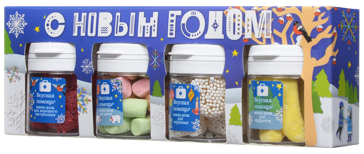 Набор Вкусная помощь С Новым годом, 4 х 50 мл, синий4640000273903 Набор Вкусная помощь С Новым годом, 4 х 50 мл, синий4640000273903Набор С Новым годом включает в себя жевательный мармелад Сердечки в обсыпке с ароматом клубники, Ягоды белые в обсыпке, Бананы, а также воздушный десерт Маршмеллоу. Красивая новогодняя коробочка добавит приятных и позитивных впечатлений. Вкусные баночки в наборе перенесут вас в новогодние грезы.Срок годности: 6 месяцев
