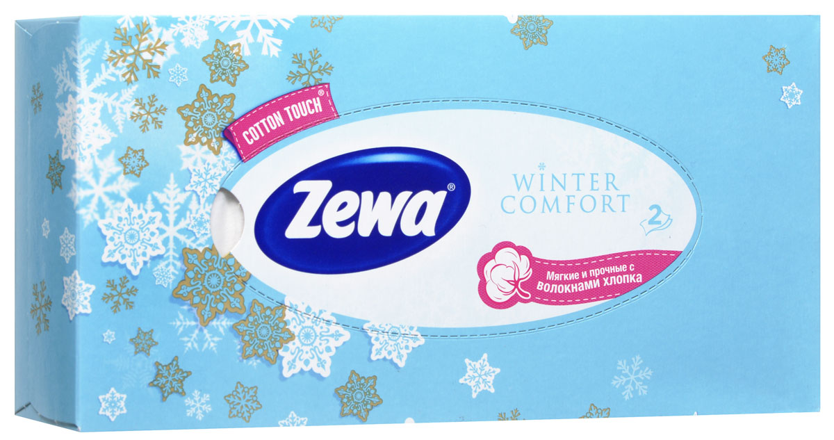 Zewa Платки косметические в коробке Winter comfort, двухслойные, цвет: голубой, 100 шт80284338 Zewa Платки косметические в коробке Winter comfort, двухслойные, цвет: голубой, 100 шт80284338Мягкие двухслойные гигиенические салфетки Zewa Winter comfort изготовлены из 100% целлюлозы и волокон. Обладают большой впитывающей способностью. Не вызывают аллергии, не раздражают чувствительную кожу. Просты и удобны в использовании.Товар сертифицирован.