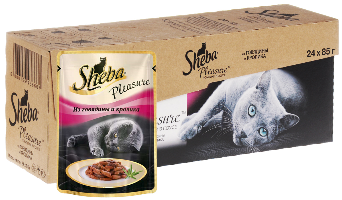 Консервы для взрослых кошек Sheba Pleasure, с говядиной и кроликом в соусе, 85 г х 24 шт0120710 Консервы для взрослых кошек Sheba Pleasure, с говядиной и кроликом в соусе, 85 г х 24 шт0120710Консервы Sheba Pleasure - это полнорационный консервированный корм для взрослых кошек. Не содержит сои, искусственных красителей и ароматизаторов. Это изумительное блюдо - мечта каждой кошки, которая разборчива в еде. Блюдо, соединяющее ломтики сочной говядины и кролика, требует особого мастерства в приготовлении. Чтобы вкусы безупречно гармонировали друг с другом, повара Sheba приправляют их густым соусом. Ваша кошка будет наслаждаться каждым кусочком блюда ее мечты.Состав: мясо и субпродукты (говядина минимум 20%, кролик минимум 5%), таурин, витамины и минеральные вещества. Пищевая ценность в 100 г: белки - 11,0 г; жиры - 3,0 г; зола - 2,0 г; клетчатка - 0,3 г; витамин А - не менее 90 МЕ; витамин Е - не менее 1,0 МЕ; влага - 82 г. Энергетическая ценность в 100 г: 75 ккал /314 кДж.Вес: 24 шт х 85 г.Товар сертифицирован.