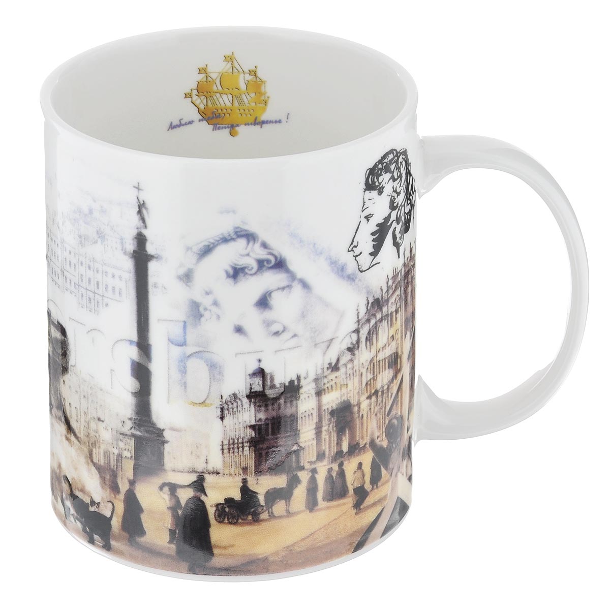 Кружка GiftnHome Петербург, 360 млFS-91909 Кружка GiftnHome Петербург, 360 млFS-91909Кружка GiftnHome Петербург изготовлена из высококачественного костяного фарфора, покрытого слоем сверкающей глазури. Внешние стенки оформлены красочным изображением зданий Санкт-Петербурга. Внутренняя поверхность декорирована изображением парусника и надписью: Люблю тебя, Петра творенье. Кружка отличается высоким качеством и стильным дизайном. Она станет прекрасным подарком к любому случаю. Можно использовать в СВЧ и посудомоечной машине.