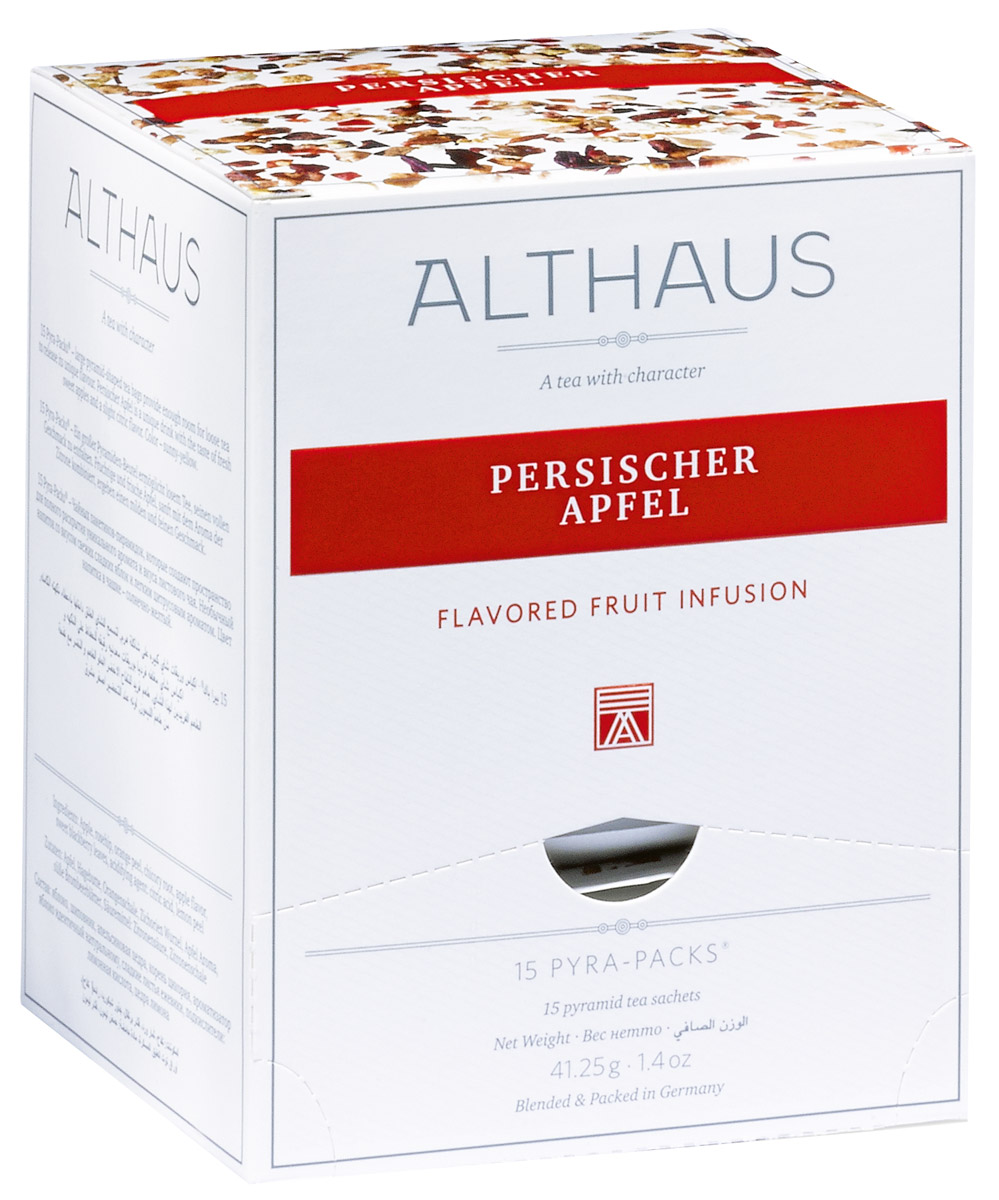 Althaus Persischer Apfel чайный напиток фруктовый в пирамидках, 15 шт0120710 Althaus Persischer Apfel чайный напиток фруктовый в пирамидках, 15 шт0120710Althaus Persischer Apfel - душистый напиток с ароматом сладкого яблочного пирога и полупрозрачными оттенками цитрусовых.Pyra-Pack - это коллекция из 13 купажей, в которую вошли лучшие сорта высококачественного листового чая, а также отборные смеси из цельных кусочков фруктов, ягод, цветочных лепестков, целебных трав. Pyra-Pack представляет собой инновационный вариант высокотехнологичной упаковки — нейлоновые пирамидки: Пакетики в форме пирамидок создают пространство для свободного распределения чаинок, тем самым повышая степень и скорость экстракции чая. Нейлон обладает отличной пропускной способностью, поэтому чай, заваренный в нейлоновых пирамидках, получается особо насыщенным по вкусу и ароматным. Пирамидки максимально упрощают процедуру заваривания чая, при этом сохраняя эстетический эффект традиционного чаепития.