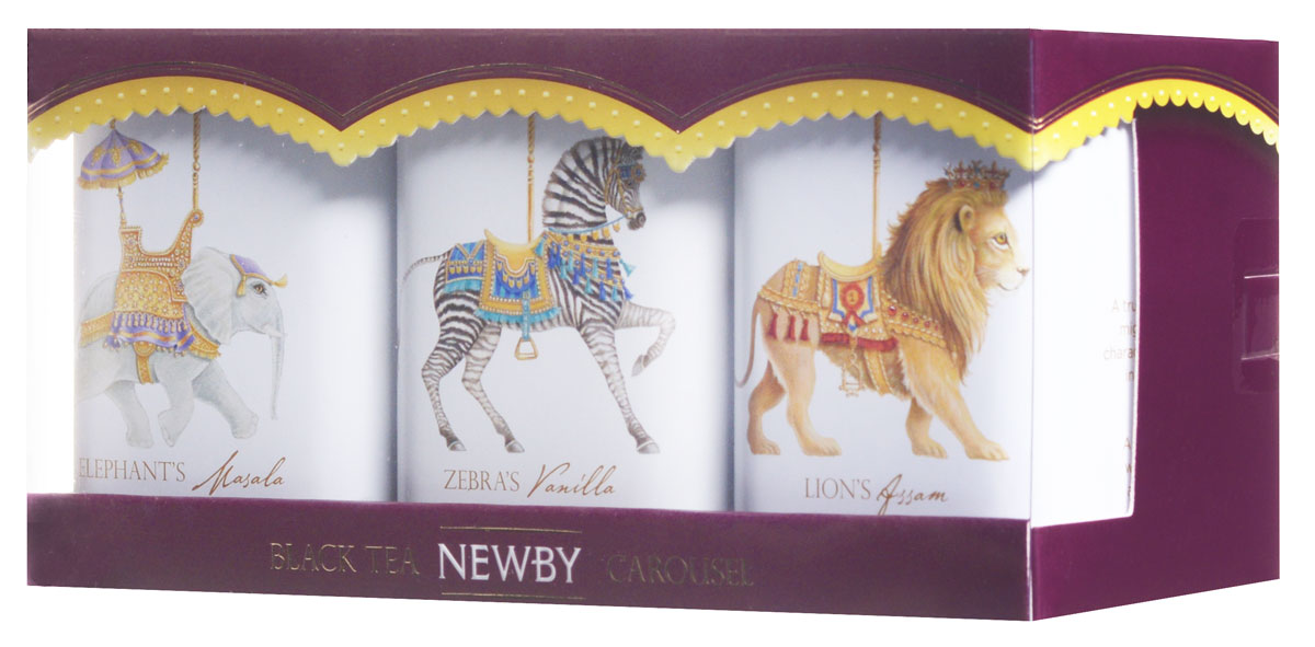 Newby Carousel Gift Set - Black Teas подарочный набор черного листового чая (3 вкуса), 75 г (ж/б)0120710 Newby Carousel Gift Set - Black Teas подарочный набор черного листового чая (3 вкуса), 75 г (ж/б)0120710К праздничному сезону чайная компания Newby выпустила подарочный набор крупнолистового чая в мини-баночках. Коллекция получила название Карусель, благодаря красочным изображениям животных, созданных известной британской художницей Сарой Перри. Иллюстрации на баночках и дизайн подарочной упаковки, дарят атмосферу сказки и волшебства, царящую на городских ярмарках, широко раскинувшихся под ярким шатром.Лев Ассам:Доминирующий властный характер царя зверей, льва, нашел свое отражение в крепком чае Ассам. Насыщенный черный чай летнего сбора с богатым солодовым вкусом, ореховыми нотками и пьянящим ароматом. Зебра Ваниль: Экзотические полоски зебры такие же узнаваемые, как и яркий вкус ванили, добавляющий изюминку этому черному чаю. Яркая чашка черного чая с мягкой, чуть сладковатой ноткой ванили. Слон Масала: Внушительная мощь слона отражает яркий пряный вкус чая Масала от Newby. Черный чай Ассам и ароматные специи собраны в гармоничный букет, дающий богатый солодовый настой с острыми пряными нотами.