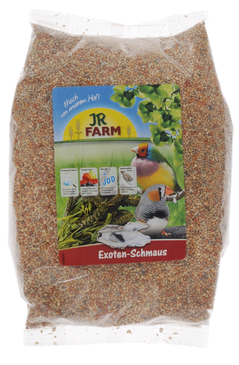 Корм для экзотических птиц JR Farm Classic, 1 кг25536 Корм для экзотических птиц JR Farm Classic, 1 кг25536Корм для экзотических птиц JR Farm Classic - это полностью сбалансированный корм, в состав которого добавлены раковины устриц для обеспечения кальций-форфорного баланса, а также все необходимые витамины и микроэлементы, что гарантирует отсутствие недостатка в них. Подходит для всех зябликов, вьюрков, амадин.Рекомендации по кормлению: ежедневно насыпайте корм в количестве 5% от массы тела птицы.Состав: сенегальское просо, Ла-Плата просо, Манна просо, японское просо, канареечное семя, красное просо, серебряное просо, раковины устрицы (2 %). Основной анализ: белок 11.3 %, жиры 3.9 %, клетчатка 3.7 %, зола 3.5 %, влажность 11.4 %, кальций 0.8 %, фосфор 0.4 %. Содержание витаминов/кг: витамин А 8000 МЕ, витамин D3 1000 МЕ, витамин E 25 мг, медь (II) сульфат 10 мг, йод 0.4 мг. Без искусственных красителей и консервантов.Товар сертифицирован.