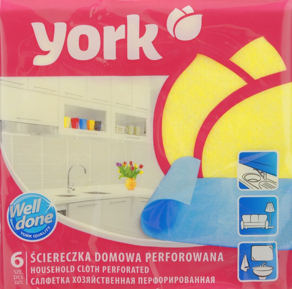 Салфетка перфорированная York, цвет: желтый, 34 х 35 см, 6 шт790009 Салфетка перфорированная York, цвет: желтый, 34 х 35 см, 6 шт790009Перфорированная салфетка York предназначена для мытья, протирания и полировки. Салфетка выполнена из вискозы с добавлением полипропиленового волокна, отличается высокой прочностью. Благодаря перфорации хорошо поглощает влагу. Идеальна для ухода за столешницами на кухне. Может использоваться в сухом и влажном виде.