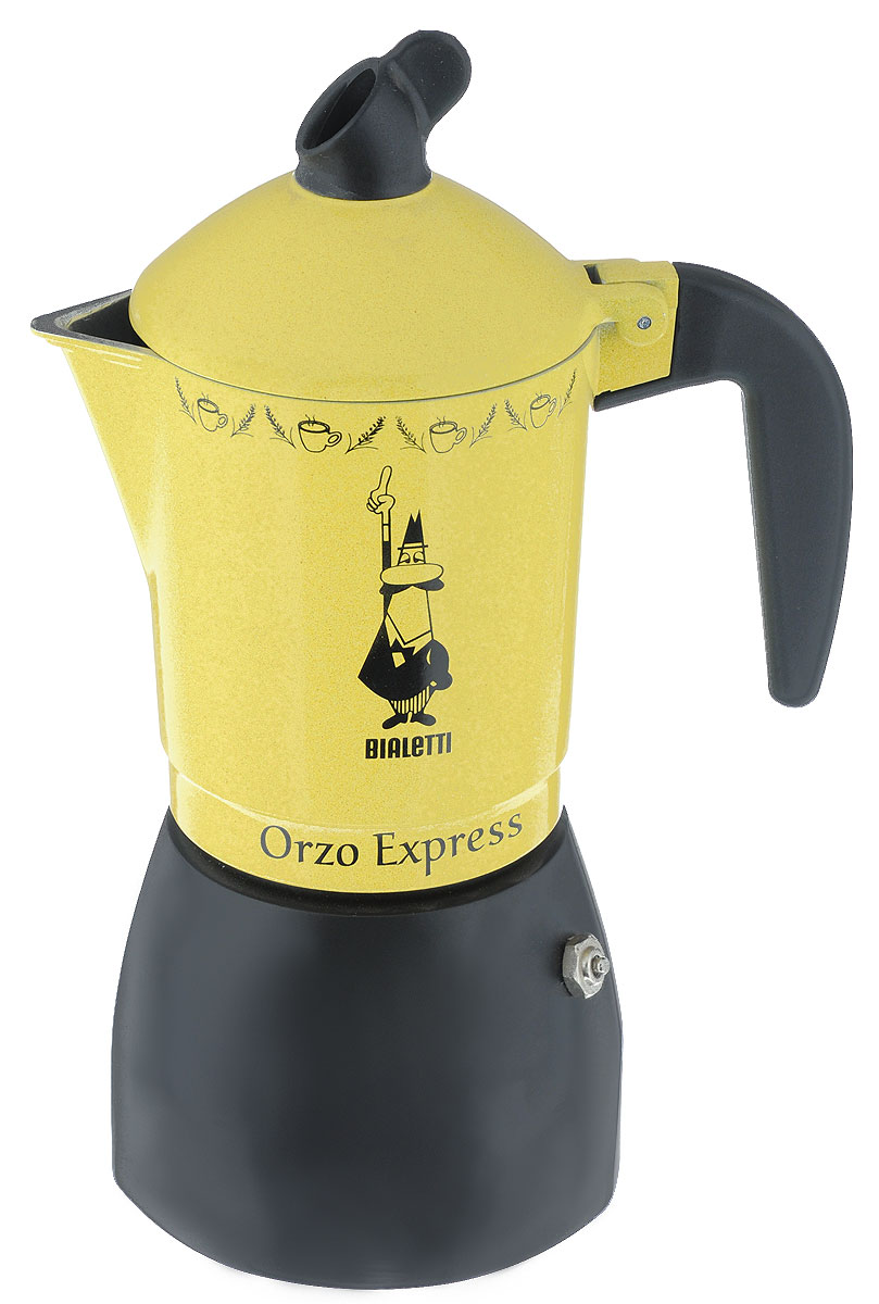 Кофеварка гейзерная Bialetti Orzo Express Gialla MR, для желудевого кофе, на 4 чашки94672 Кофеварка гейзерная Bialetti Orzo Express Gialla MR, для желудевого кофе, на 4 чашки94672Компактная гейзерная кофеварка Bialetti Orzo Express Gialla MR изготовлена из высококачественного алюминия. Объема кофе хватает на 4 чашки. Изделие оснащено удобной ручкой из бакелита.Принцип работы такой гейзерной кофеварки - кофе заваривается путем многократного прохождения горячей воды или пара через слой молотого кофе. Удобство кофеварки в том, что вся кофейная гуща остается во внутренней емкости. Гейзерные кофеварки пользуются большой популярностью благодаря изысканному аромату. Кофе получается крепкий и насыщенный. Теперь и дома вы сможете насладиться великолепным эспрессо. Подходит для газовых, электрических и стеклокерамических плит. Нельзя мыть в посудомоечной машине. Высота (с учетом крышки): 23 см.