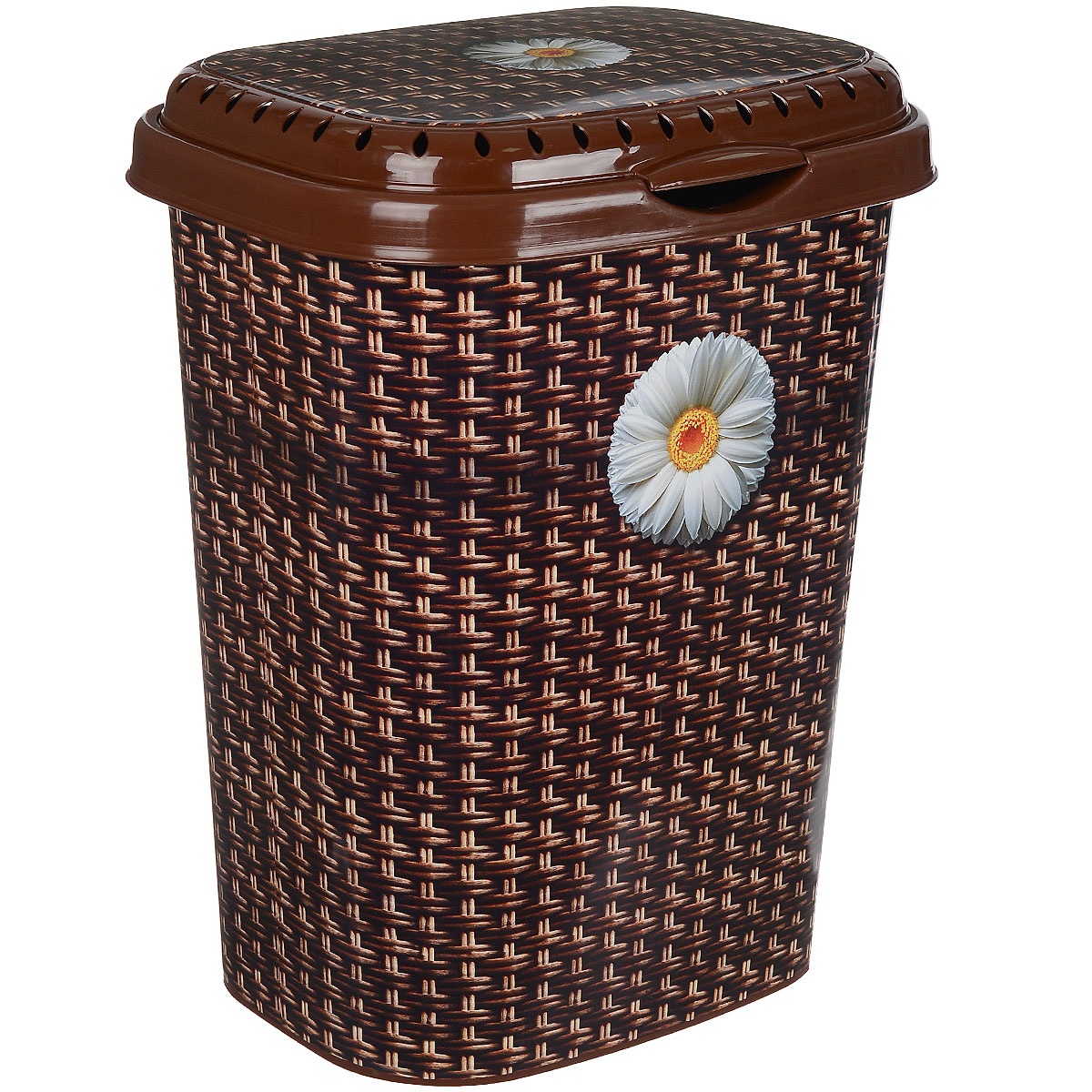 Корзина для белья Violet Плетенка, с крышкой, 40 л531-105 Корзина для белья Violet Плетенка, с крышкой, 40 л531-105Легкая и удобная корзина Violet Плетенка изготовлена из пластика. Она отлично подойдет для хранения белья перед стиркой. Корзина, имитированная под плетение и декорированная ромашками, скрывает содержимое от посторонних. Изделие оснащено крышкой. Такая корзина для белья прекрасно впишется в интерьер ванной комнаты.