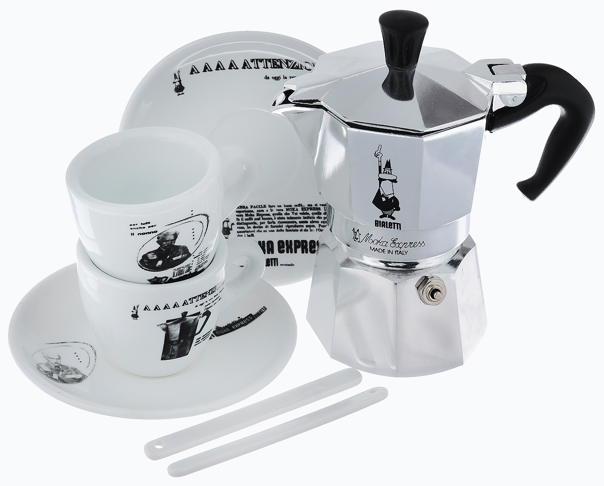 Набор посуды Bialetti Moka Carosello, 7 предметовVT-1520(SR) Набор посуды Bialetti Moka Carosello, 7 предметовVT-1520(SR)Набор посуды Bialetti Moka Carosello включает в себя гейзерную кофеварку, 2 кофейные чашки, 2 блюдца и 2 ложечки для перемешивания.Компактная гейзерная кофеварка изготовлена из высококачественного алюминия. Изделие оснащено удобной ручкой из пластика. Остальные предметы набора выполнены из керамики.Принцип работы такой гейзерной кофеварки - кофе заваривается путем многократного прохождения горячей воды или пара через слой молотого кофе. Удобство кофеварки в том, что вся кофейная гуща остается во внутренней емкости. Гейзерные кофеварки пользуются большой популярностью благодаря изысканному аромату. Кофе получается крепкий и насыщенный. Теперь и дома вы сможете насладиться великолепным эспрессо. Подходит для газовых, электрических и стеклокерамических плит. Нельзя мыть в посудомоечной машине. Высота кофеварки: 15 см.Диаметр дна кофеварки: 7 см.Диаметр чашек по верхнему краю: 6,2 см.Диаметр дна кружек: 3,5 см.Высота кружек: 5 см.Диаметр блюдец: 12 см.Длина ложечек: 10,4 см.