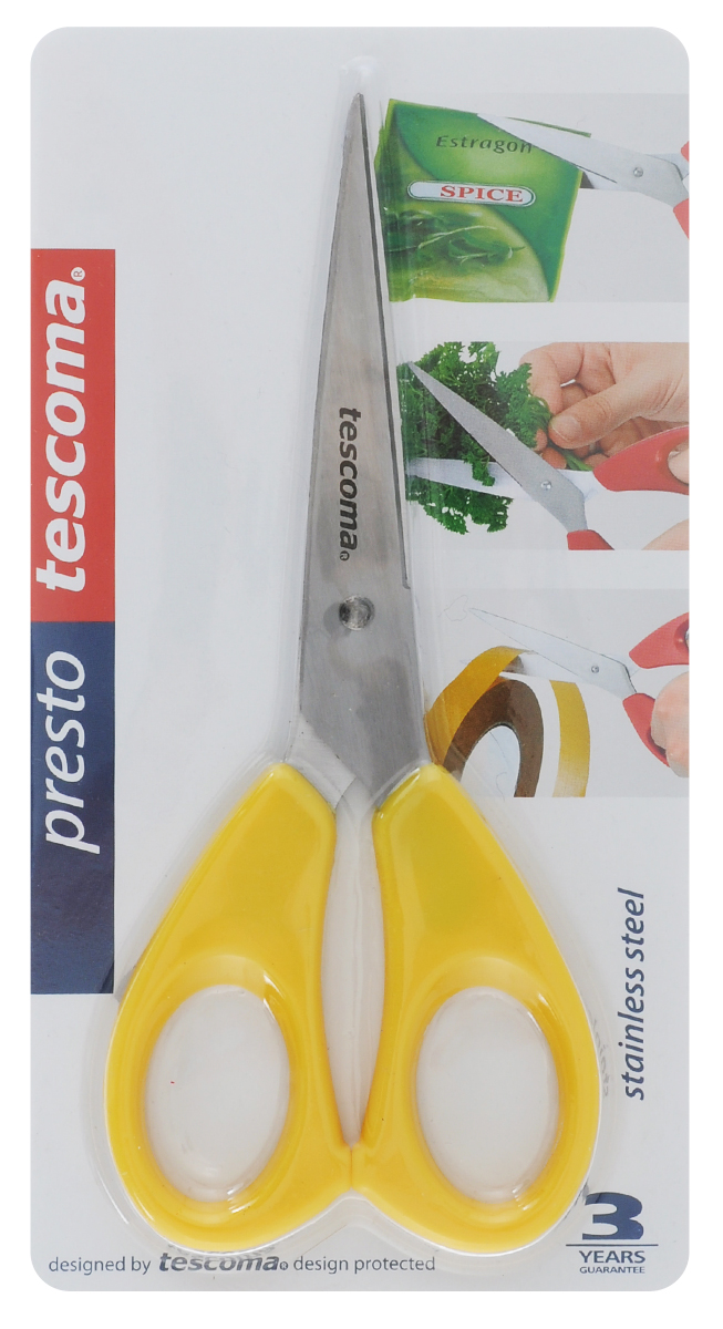 Ножницы Tescoma Presto, универсальные, цвет: желтый, 16 см54 009312 Ножницы Tescoma Presto, универсальные, цвет: желтый, 16 см54 009312Ножницы Tescoma Presto, легкие и удобные в использовании, изготовлены из первоклассной нержавеющей стали. Ручки выполнены из прочной пластмассы. Универсальные ножницы пригодны для резки всех материалов - бумаги, ткани, и других. Общая длина ножниц: 16 см.Длина лезвия: 10 см