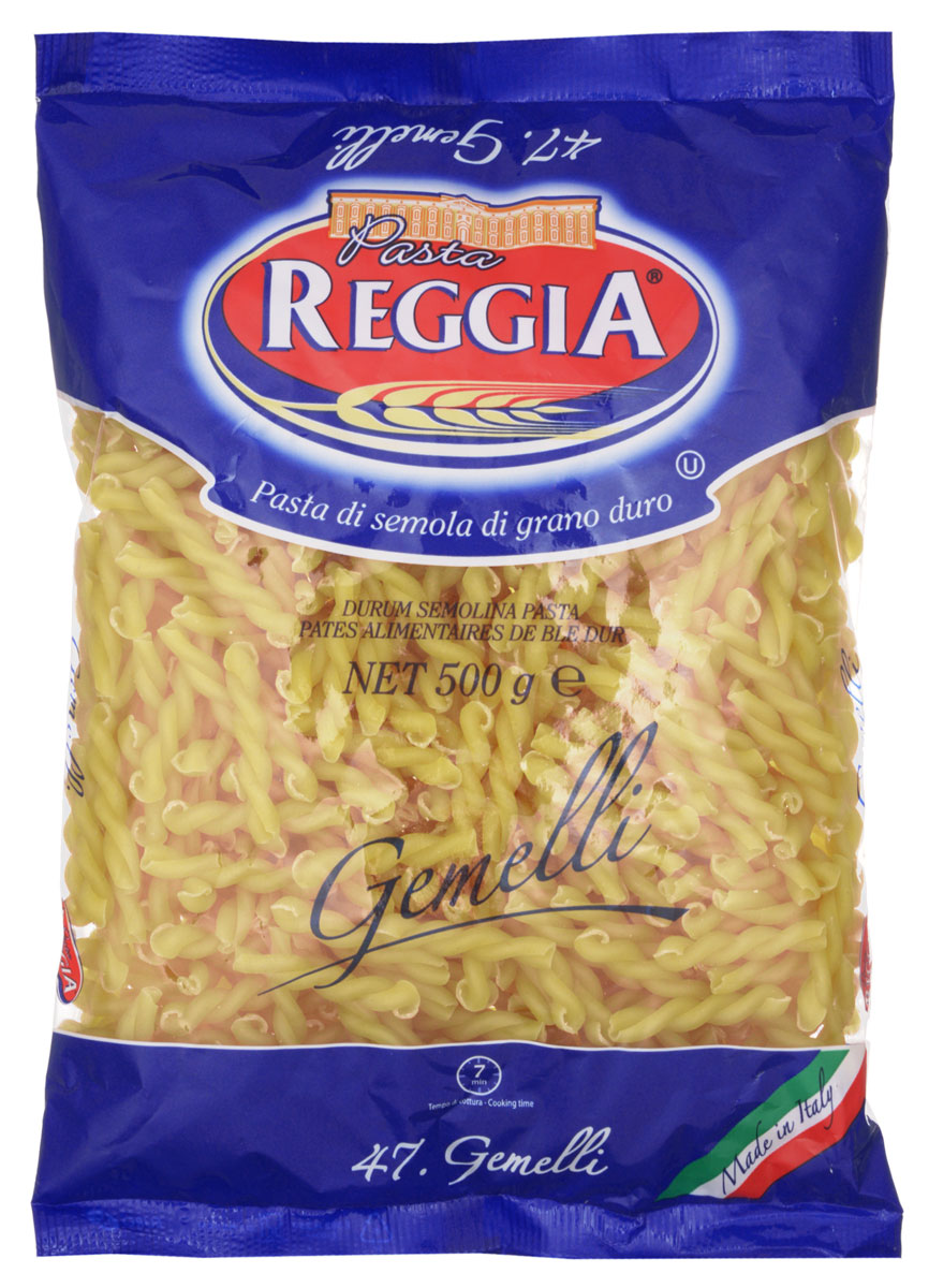 Pasta Reggia Близнецы макароны, 500 г0120710 Pasta Reggia Близнецы макароны, 500 г0120710Макароны Pasta Reggia 047 сочетают в себе современность технологий производства и традиционное итальянское качество.Pasta Reggia предлагает сегодня российскому рынку более 70 видов длинных, коротких и специальных форматов произведенных пусть и на самом современном оборудовании, но по классическим рецептам неаполитанской сушки Юга Италии.