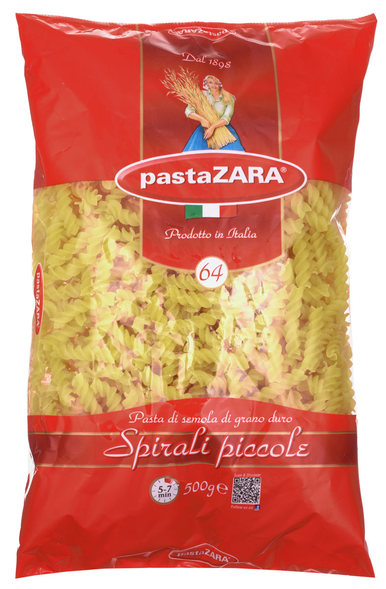 Pasta Zara Спираль мелкая макароны, 500 г0120710 Pasta Zara Спираль мелкая макароны, 500 г0120710Макароны-спирали Pasta Zara 064 сочетают в себе современность технологий производства и традиционное итальянское качество. Необычная форма изделий украсит каждое ваше блюдо, а благодаря твердым сортам пшеницы, входящим в состав, они сохранят форму и не разварятся при приготовлении.