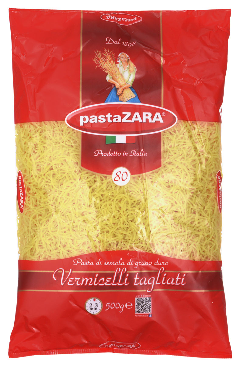 Pasta Zara Вермишель макароны, 500 г0120710 Pasta Zara Вермишель макароны, 500 г0120710Макаронные изделия Pasta Zara — одна из самых популярных марок итальянских макаронных изделий в России. Продукция под торговой маркой Pasta Zara сочетает в себе современность технологий производства и традиционное итальянское качество. Макароны Pasta Zara выпускаются в Италии с 1898 года. Компания Pasta Zara — это семейный бизнес, который вкладывает более, чем вековой опыт работы с макаронными изделиями в создание и продвижение своего продукта, тщательно отслеживая сохранение традиций.Pasta Zara 080 вермишель, завоевав доверие более чем в 80 странах мира, в России дважды отмечалась наградой, как один из сотни лучших товаров страны. Продукция компании производится на самой технически современной фабрике Италии в городе Мудже.
