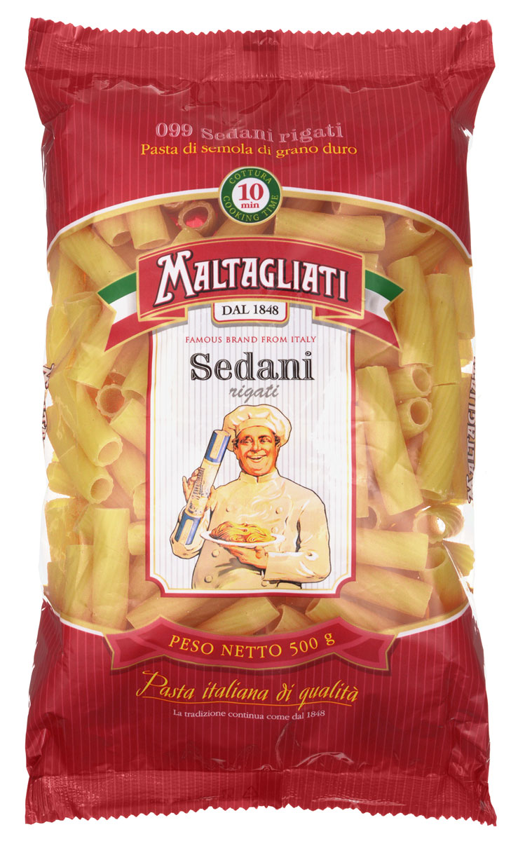 Maltagliati Sedani rigati Труба прямая макароны, 500 г0120710 Maltagliati Sedani rigati Труба прямая макароны, 500 г0120710Макаронные изделия Maltagliati производятся в Италии в Тоскане с 1848 года. Несмотря на то, что Maltagliati - это имя собственное, с начала прошлого века Maltagliati используется в Италии как нарицательное имя для домашней лапши и формата макаронных изделий похожих на домашнюю лапшу. Это самые известные итальянские макаронные изделия на территории Российской Федерации и, вероятно, всего бывшего СССР.