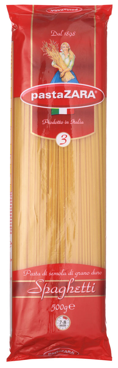 Pasta Zara Спагетти макароны, 500 г0120710 Pasta Zara Спагетти макароны, 500 г0120710Спагетти Pasta Zara 003 сочетают в себе современность технологий производства и традиционное итальянское качество. Эти макароны незаменимы при приготовлении традиционных итальянских спагетти, а также десятков различных блюд. Эти макароны приготовлены из муки твердых сортов пшеницы, что не дает им развариваться при приготовлении и отлично сохраняет их форму.