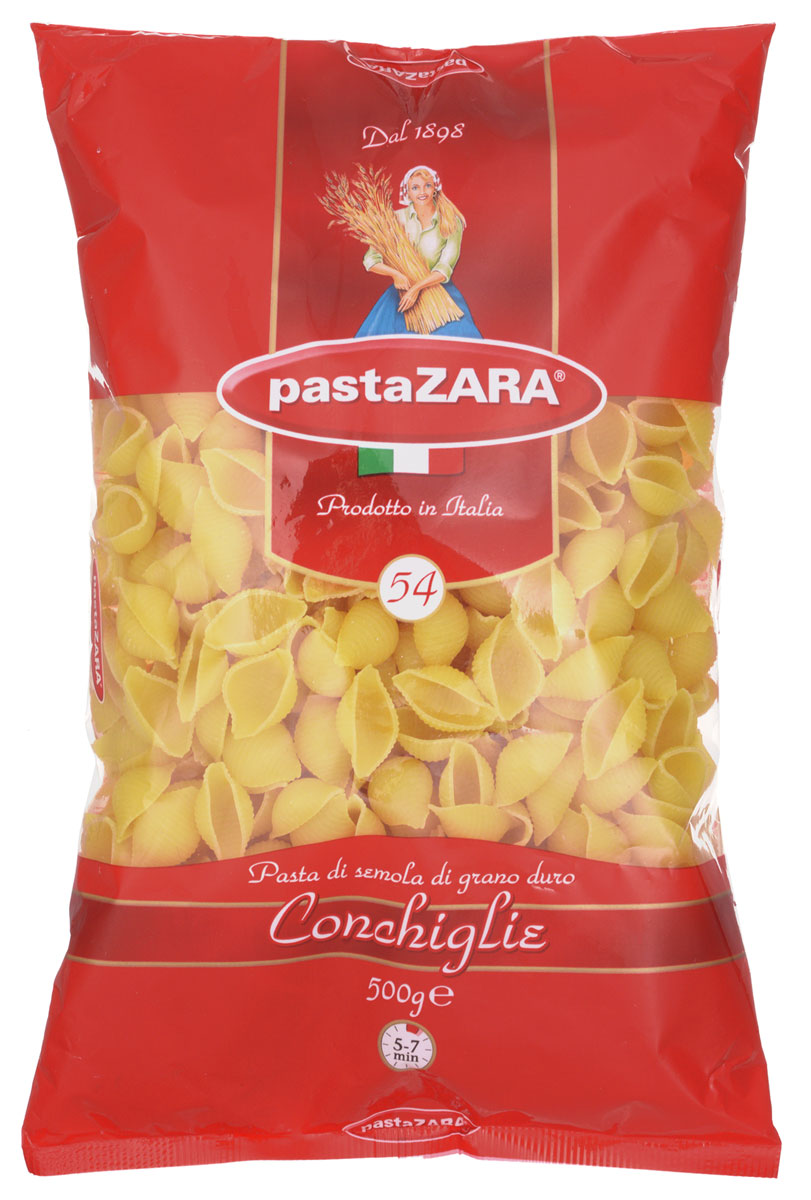 Pasta Zara Ракушка макароны, 500 г0120710 Pasta Zara Ракушка макароны, 500 г0120710Макароны-ракушки Pasta Zara 054 сочетают в себе современность технологий производства и традиционное итальянское качество.Они подходят для приготовления десятков ваших любимых блюд, а благодаря твердым сортам пшеницы не развариваются и не теряют форму. Их вкусовые качества не оставят равнодушным ни одного гурмана!