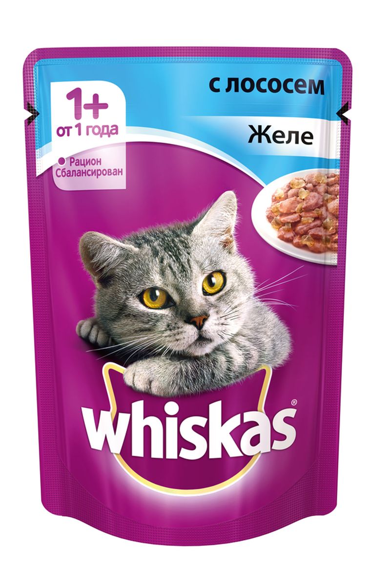 Консервы для кошек от 1 года Whiskas, желе с лососем, 85 г0120710 Консервы для кошек от 1 года Whiskas, желе с лососем, 85 г0120710Консервы для кошек от 1 года Whiskas - полнорационный сбалансированный корм, который идеально подойдет вашему любимцу. Аппетитное желе приготовлено с учетом потребностей взрослых кошек. Специально сбалансированный рацион содержит все питательные вещества, витамины и минералы, необходимые кошке в этом возрасте. Консервы не содержат сои, консервантов, ароматизаторов, искусственных красителей и усилителей вкуса.В рацион домашнего любимца нужно обязательно включать консервированный корм, ведь его главные достоинства - высокая калорийность и питательная ценность. Консервы лучше усваиваются, чем сухие корма. Также важно, чтобы животные, имеющие в рационе консервированный корм, получали больше влаги.Вес: 85 г.Состав: мясо и субпродукты, рыба (в том числе лосось минимум 4%), таурин, злаки, витамины, минеральные вещества.Пищевая ценность в 100 г: белки - 7,5 г, жиры - 3,5 г, клетчатка - 0,3 г, зола - 2,5 г, витамин А - не менее 150 МЕ, витамин Е - не менее 1,0 мг, влага - 85 г.Энергетическая ценность в 100 г: 60 ккал/251 кДж.Товар сертифицирован.
