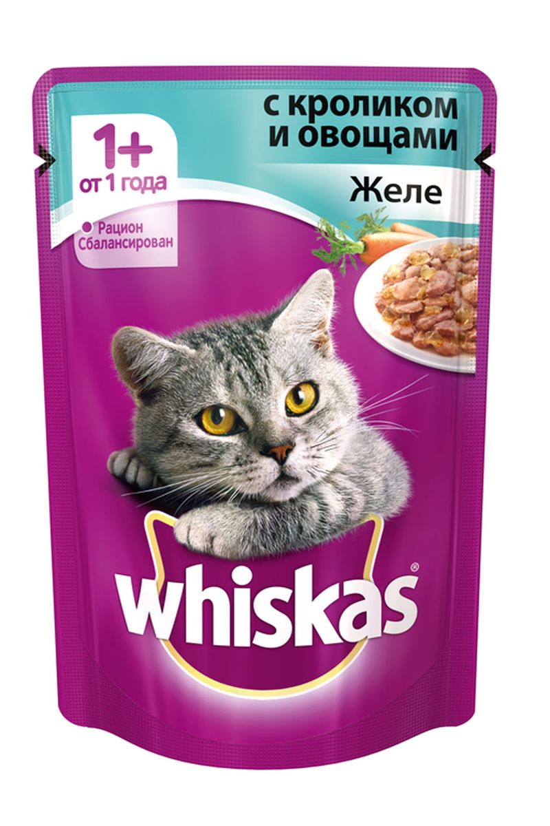 Консервы для кошек от 1 года Whiskas, желе с кроликом и овощами, 85 г0120710 Консервы для кошек от 1 года Whiskas, желе с кроликом и овощами, 85 г0120710Консервы для кошек от 1 года Whiskas - полнорационный сбалансированный корм, который идеально подойдет вашему любимцу. Аппетитное желе приготовлено с учетом потребностей взрослых кошек. Специально сбалансированный рацион содержит все питательные вещества, витамины и минералы, необходимые кошке в этом возрасте. Консервы не содержат сои, консервантов, ароматизаторов, искусственных красителей и усилителей вкуса.В рацион домашнего любимца нужно обязательно включать консервированный корм, ведь его главные достоинства - высокая калорийность и питательная ценность. Консервы лучше усваиваются, чем сухие корма. Также важно, чтобы животные, имеющие в рационе консервированный корм, получали больше влаги.Вес: 85 г.Состав: мясо и субпродукты (в том числе кролик минимум 4%), овощи (морковь минимум 4%), таурин, злаки, витамины, минеральные вещества.Пищевая ценность в 100 г: белки - 7,5 г, жиры - 3,5 г, клетчатка - 0,3 г, зола - 2,5 г, витамин А - не менее 150 МЕ, витамин Е - не менее 1,0 мг, влага - 85 г.Энергетическая ценность в 100 г: 60 ккал/251 кДж.Товар сертифицирован.