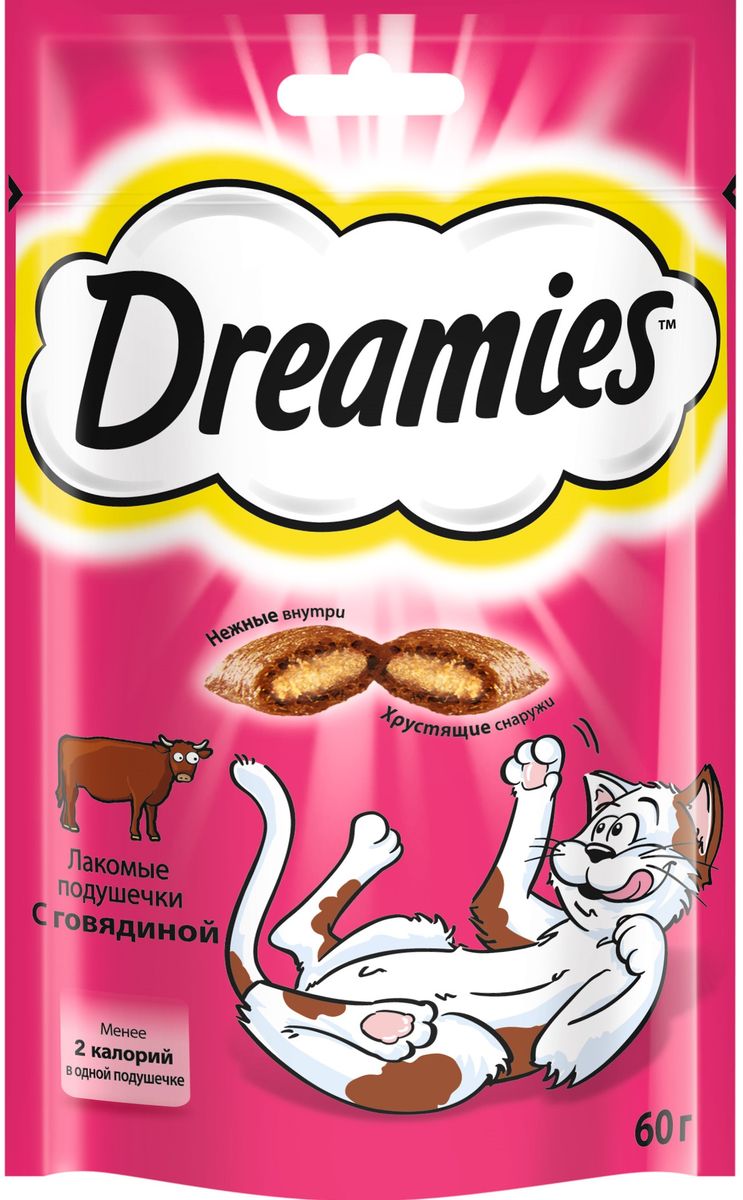 Лакомство для взрослых кошек Dreamies, подушечки с говядиной, 60 г0120710 Лакомство для взрослых кошек Dreamies, подушечки с говядиной, 60 г0120710Лакомство Dreamies - это сказочное лакомство, выполненное в виде хрустящих подушечек с вкусной начинкой, является добавкой к ежедневному рациону кошки. Обогащено витаминами и минералами.Незабываемая нежная говядина в хрустящей вкусной подушечке - это достойная награда вашему любимому зверю.Состав: белковые растительные экстракты, злаки, мясо и субпродукты (включая 4% говядины), масло и жиры, витамины и минеральные вещества.Пищевая ценность в 100 г: белки - 34 г, жиры - 20 г, зола - 9,5 г, клетчатка - 1 г, влага - 10 г, витамин А - 530,5 МЕ, витамин Е - 8,8 мг, витамин В1 - 1,5 мг, витамин В2 - 0,7 мг, витамин В6 - 0,6 мг, витамин D3 - 58,5 МЕ, пентагидрат сульфата меди - 2,3 мг, моногидрат сульфата марганца- 4,5 мг, йодид калия - 0,2 мг, моногидрат сульфата цинка - 19,9 мг.Вес: 60 г.Энергетическая ценность в 100 г: 386 ккал.Товар сертифицирован.